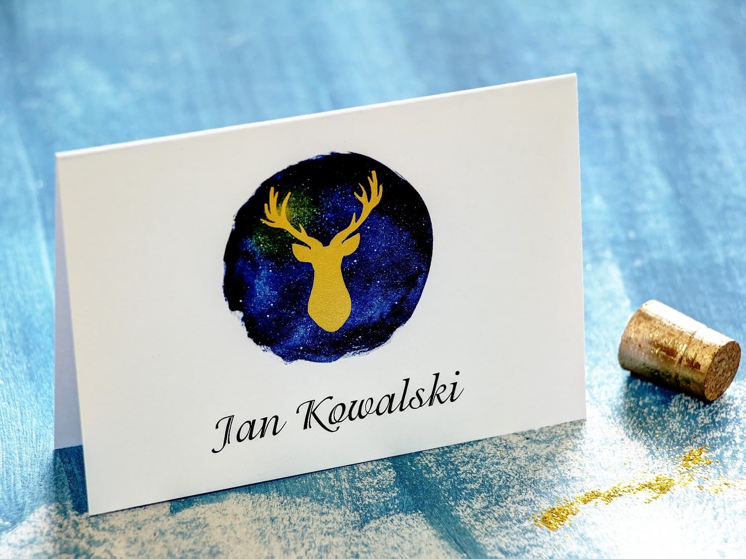 Tischkarten Hochzeit Księżycowa Noc Nr. 5 – Platzkarten mit goldenem Hirschmotiv