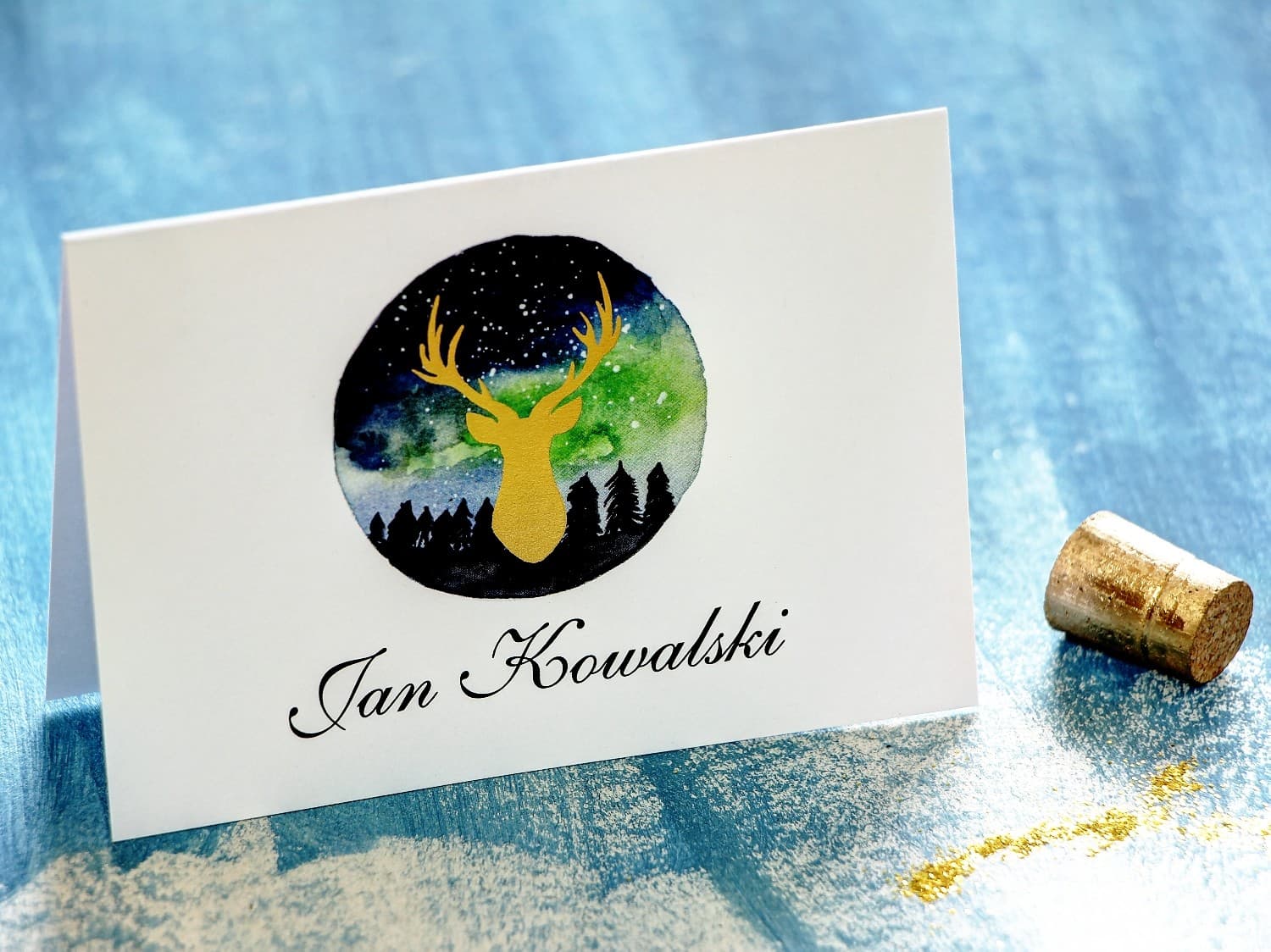 Tischkarten Hochzeit Księżycowa Noc Nr. 7 – Platzkarten mit goldenem Hirschmotiv