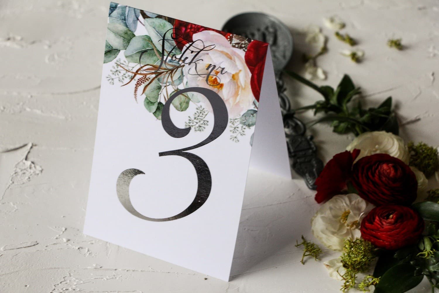 Versilberte Tischnummern mit Pfingstrosen | Elegante Hochzeitskarten Glamour | Pastelowe Nr. 5