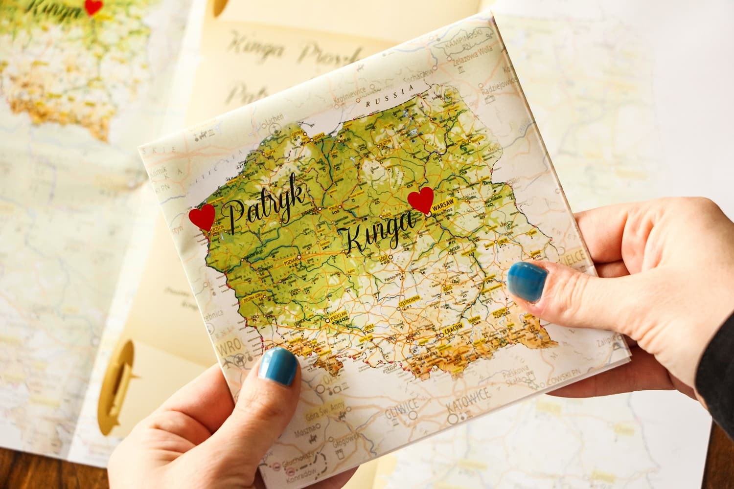 Folded Travel-Themed Wedding Invitations with Map of Poland | Map of Feelings No. 1
