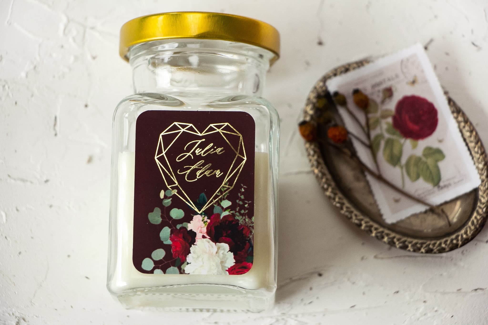 Vela Aromática Szafirowe nº 9 – Borgoña y Detalle Dorado para Invitados