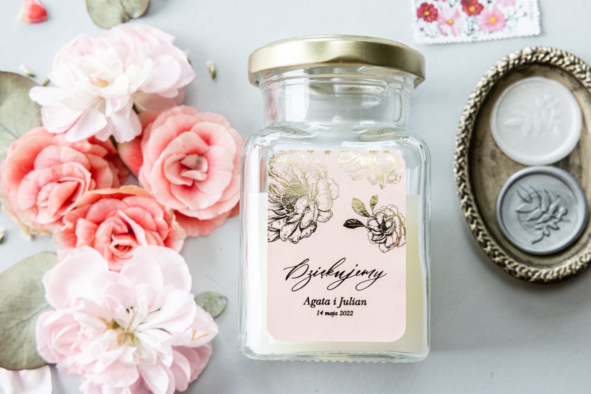 Vela Aromática en Cristal Onyks nº 1 – Peonía Rosa y Agradecimiento para Invitados