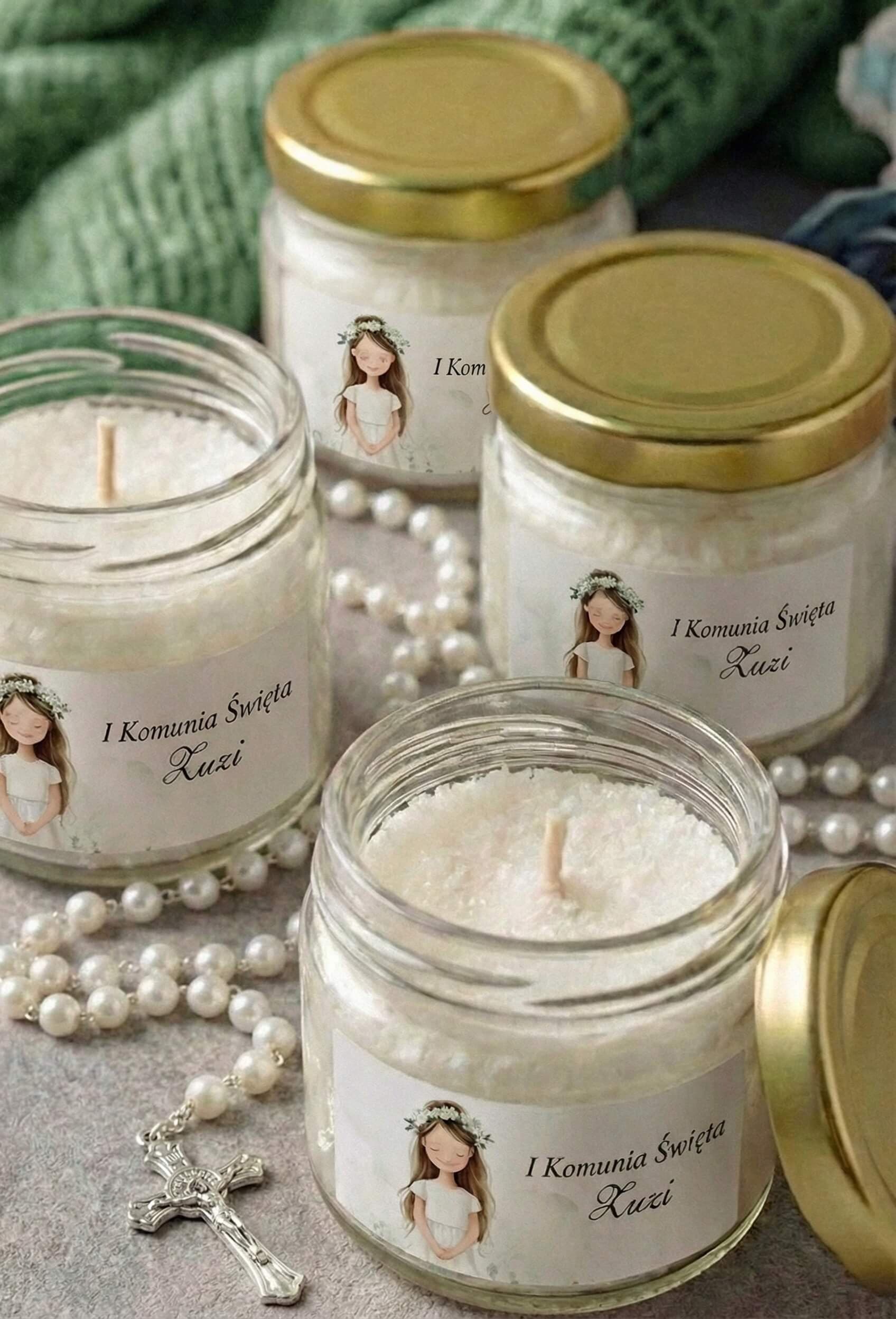 Velas de comunión para niña con ilustración y rosario
