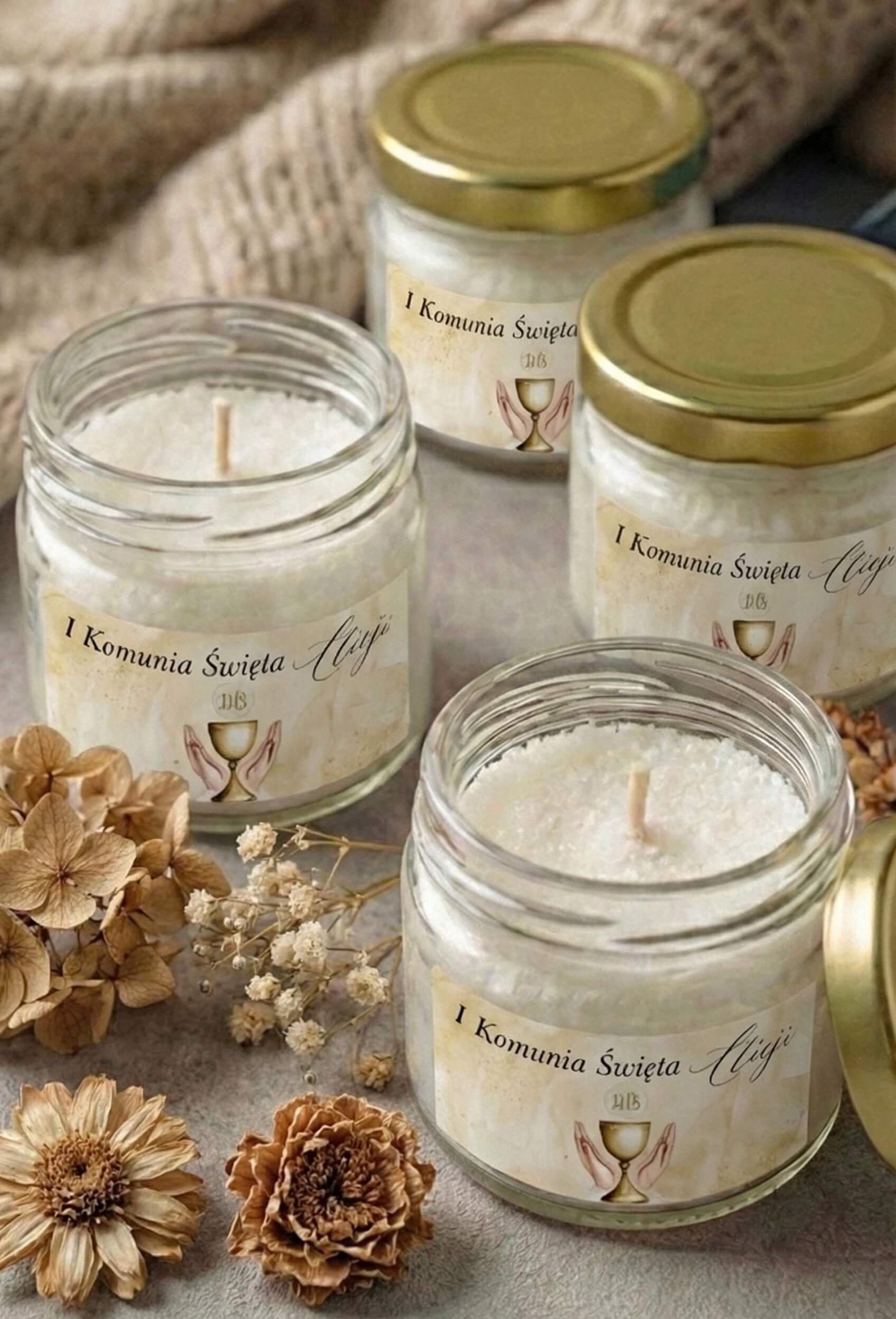 Detalles religiosos de comunión – velas en frasco de vidrio