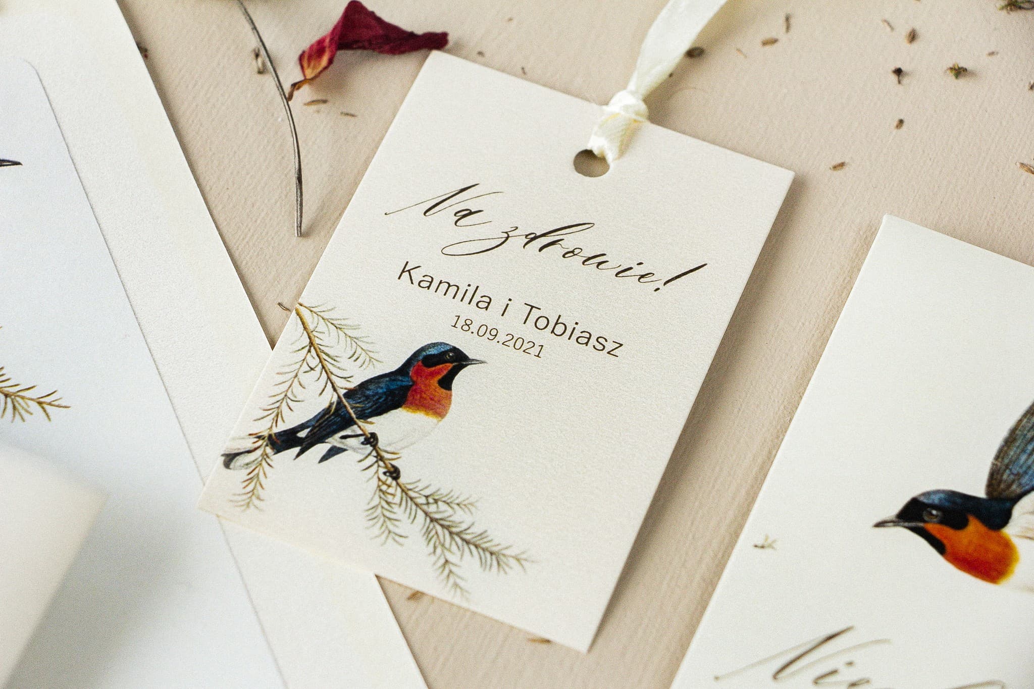 Pearlescent Vintage Bird Wedding Vodka Tags | Personalized Alcohol Labels | Opal Design 3