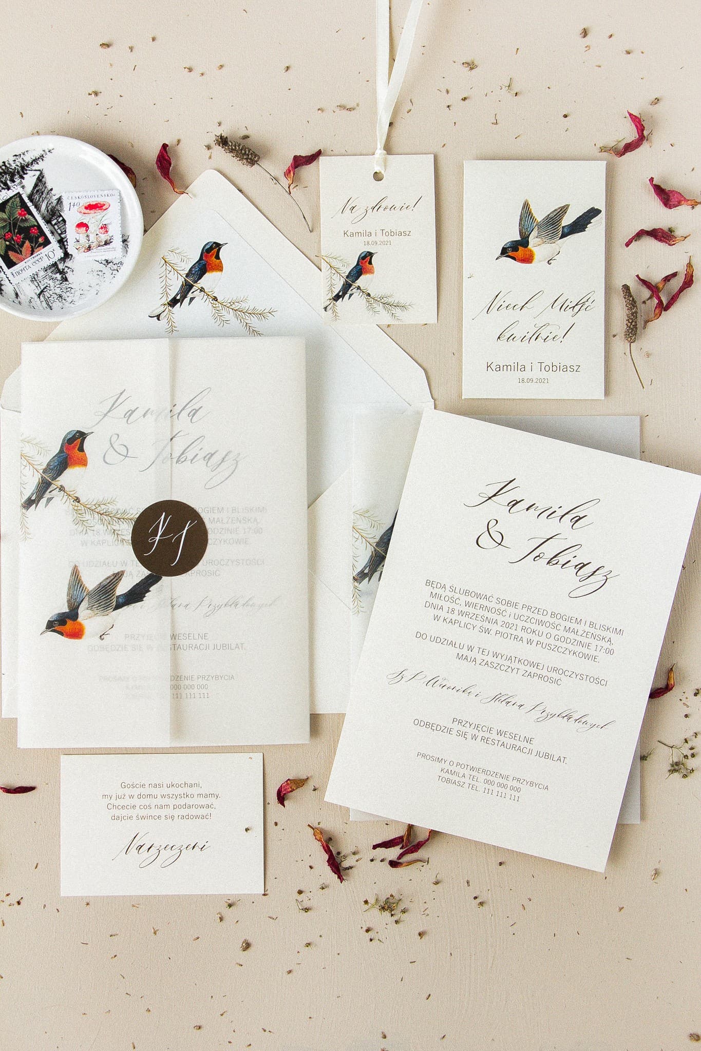 Vintage Wedding Invitations with Bird Motif and Vellum Wrap on Pearlescent Paper – Opal No. 3