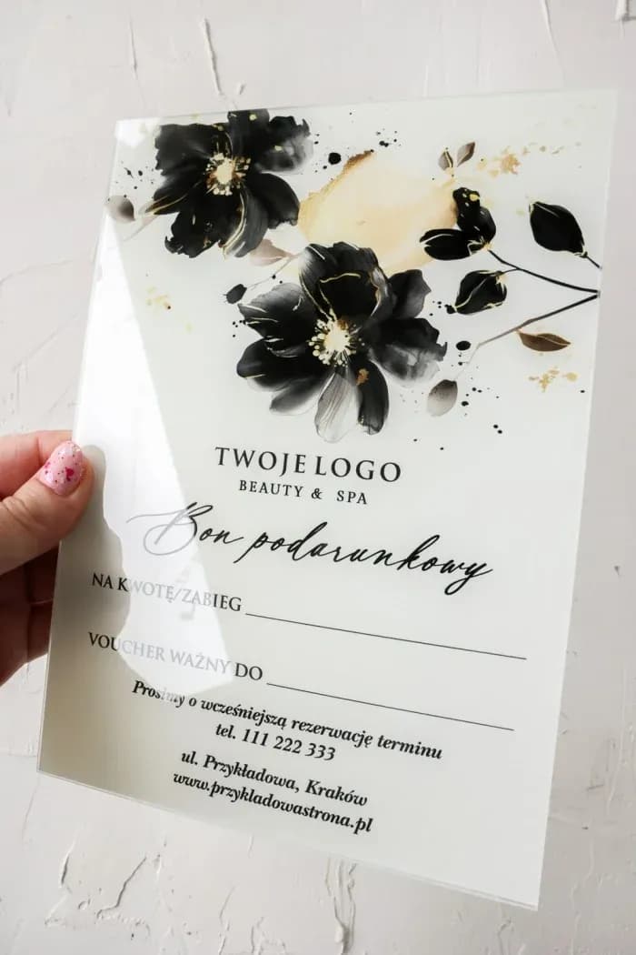 Elegante voucher en vidrio con motivo floral minimalista y detalles dorados, modelo VS8.