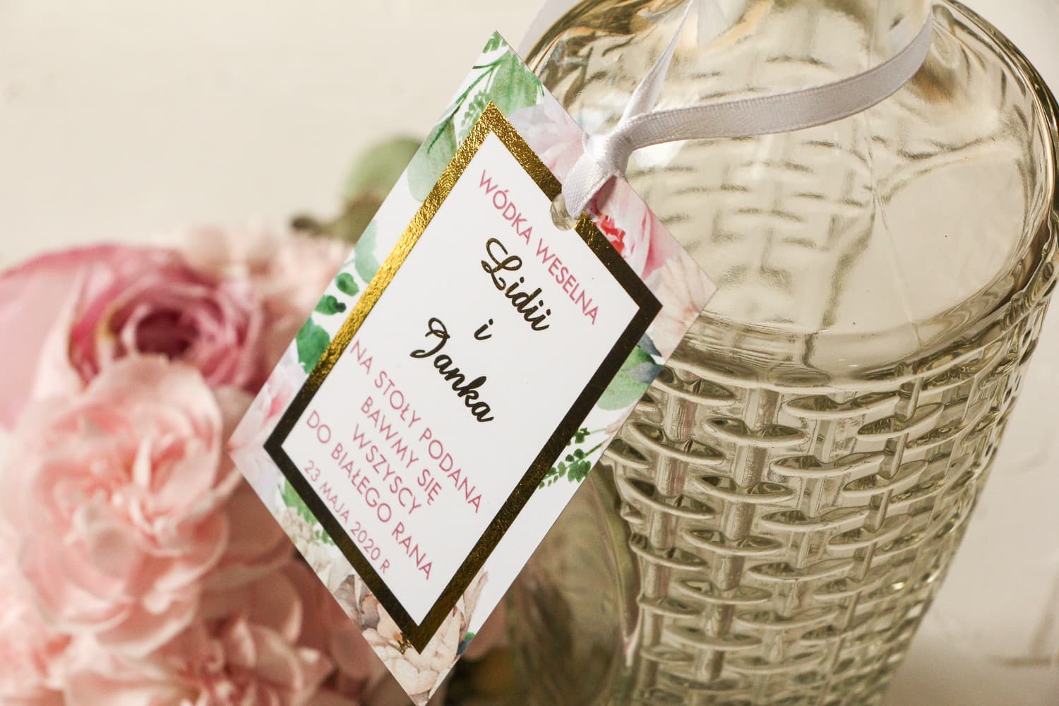Foiled Pink Peony Alcohol Tags | Elegant Wedding Vodka Labels | Avril No. 3