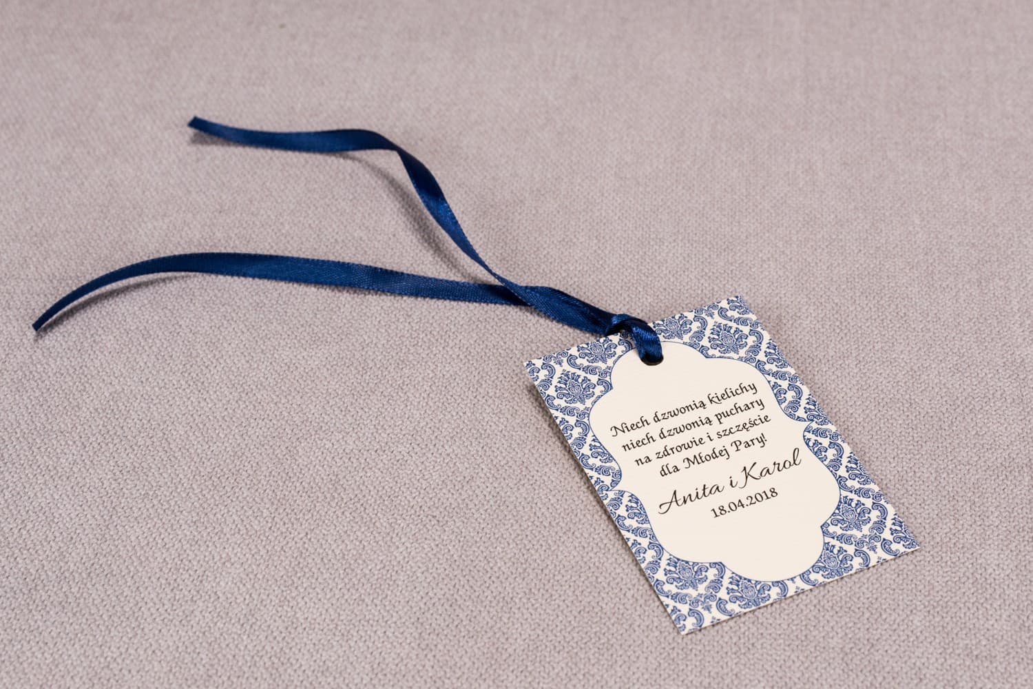 Elegant Wedding Bottle Tags with Cornflower Blue Ornament | Madras No. 2