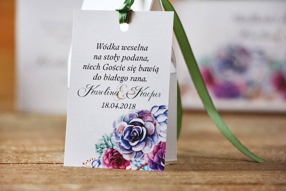 Watercolor Wedding Alcohol Tags with Succulent Motif, Purple-Green | Wedding Vodka Tags with Poem | Watercolors No. 1