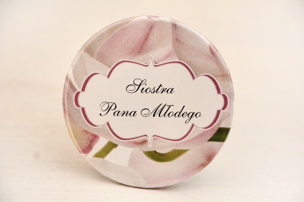 Pink Orchid Wedding Badges, Personalized Text | Wedding Button Pins, Favours, Place Cards | Felicja No. 6