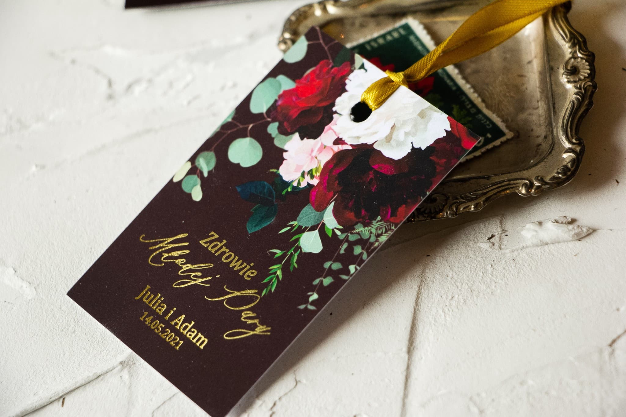 Foiled Wedding Bottle Tags Burgundy Roses | Wedding Alcohol Labels | Szafirowe No. 9