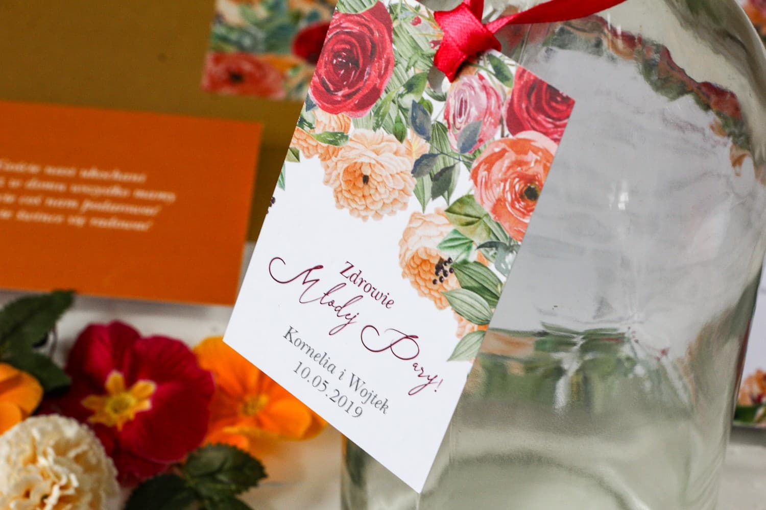 Wedding Bottle Tags with Orange and Amaranth Roses | Personalized Alcohol Labels | Wenis No. 2