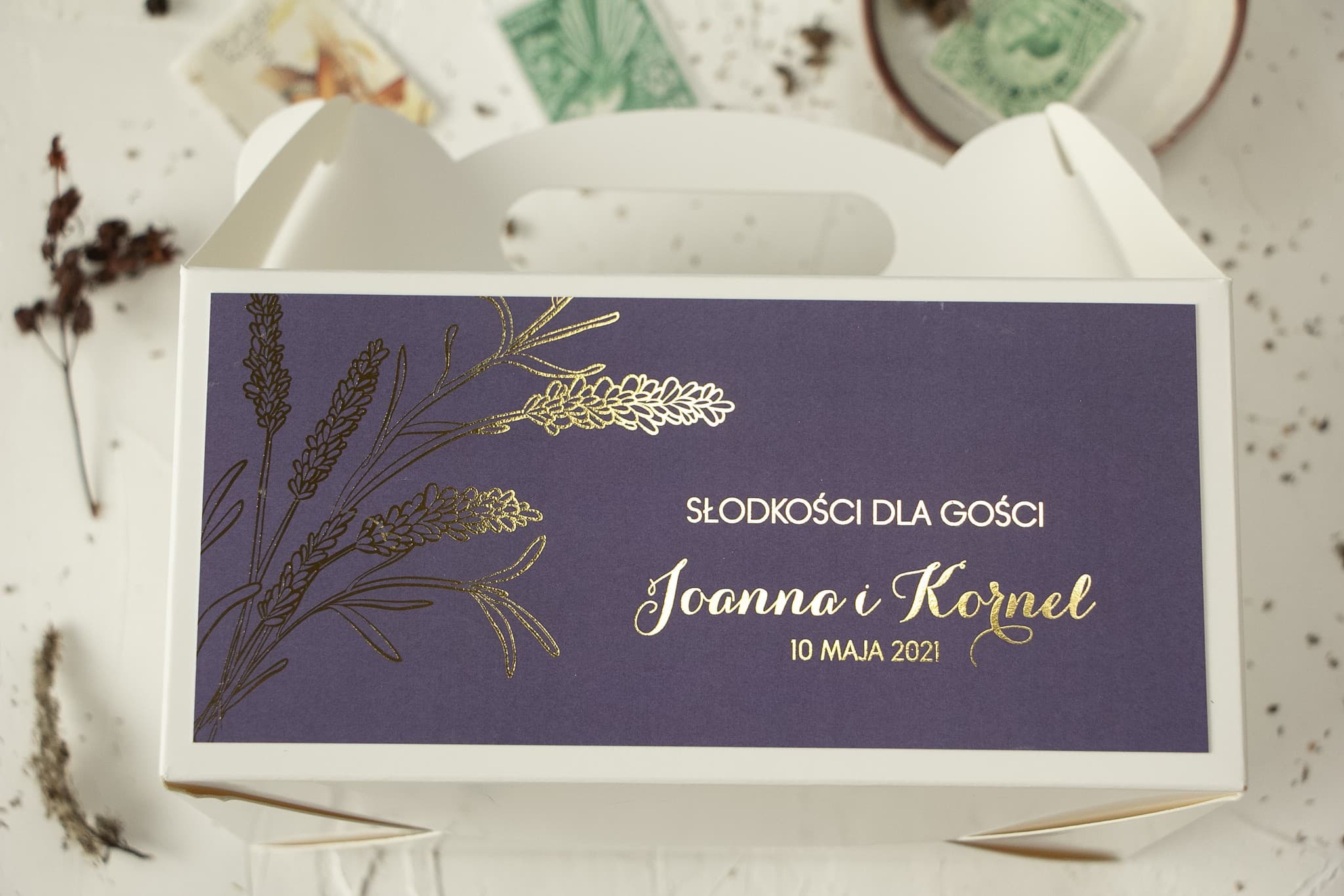 Gold Foiled Lavender Wedding Cake Boxes | Elegant Wedding Favour Packaging | Design 3