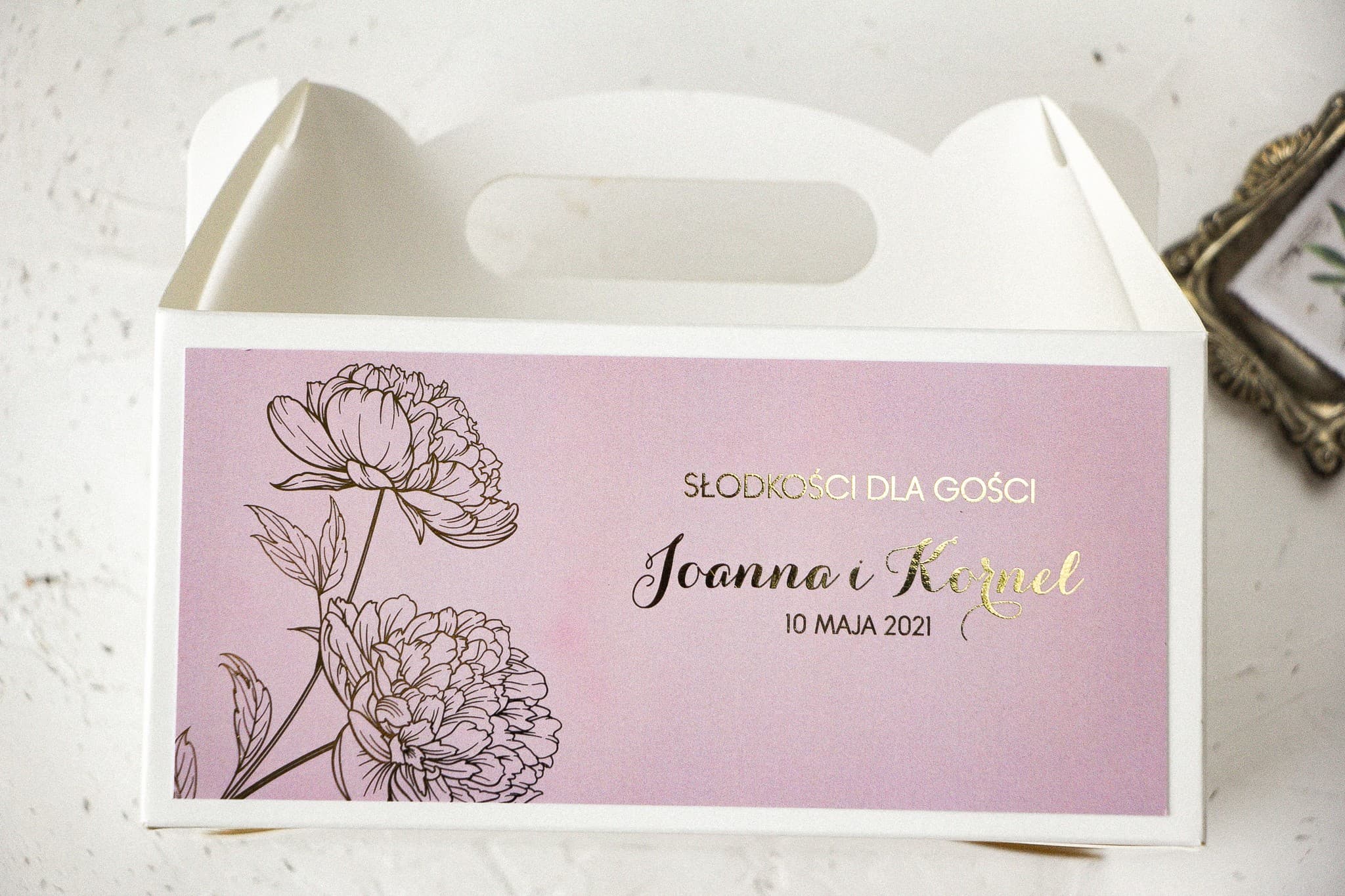 Personalized Peony Wedding Cake Box with Gold Foiling | Elegant Cake Packaging | Design 4