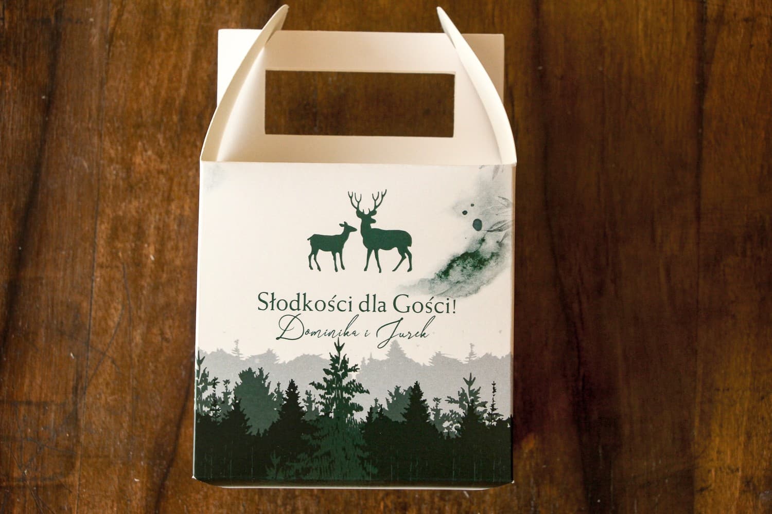 Wedding Cake Box with Deer and Handle | Personalized Wedding Favour Packaging | Delize No. 1