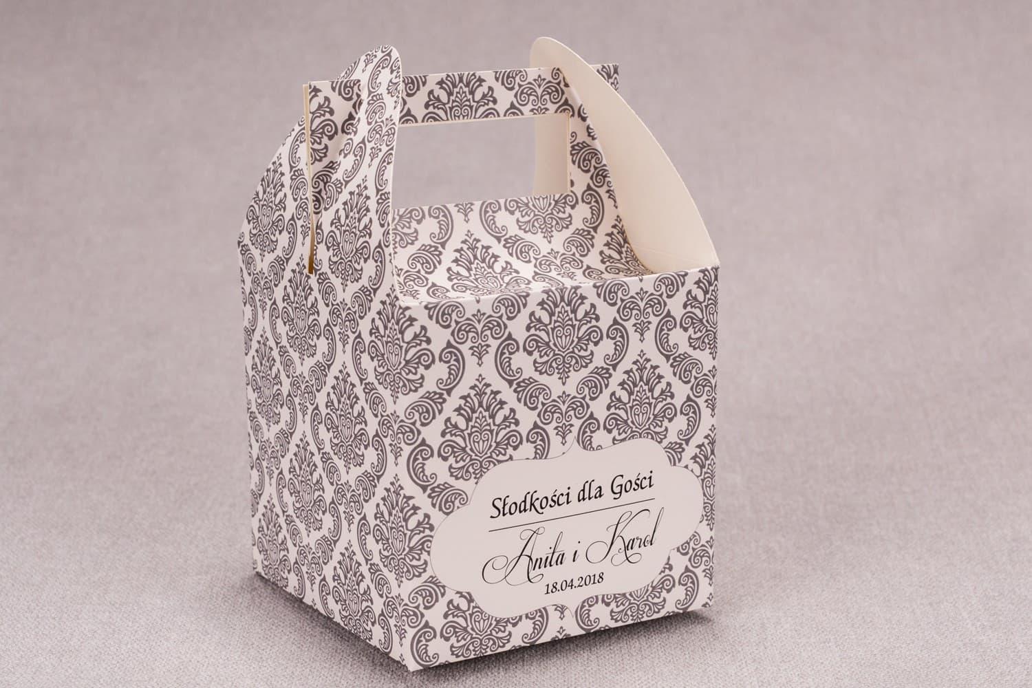 Elegant Cake Box with Handle, Grey Ornaments | Wedding Cake Packaging for Guests | Madras No. 6