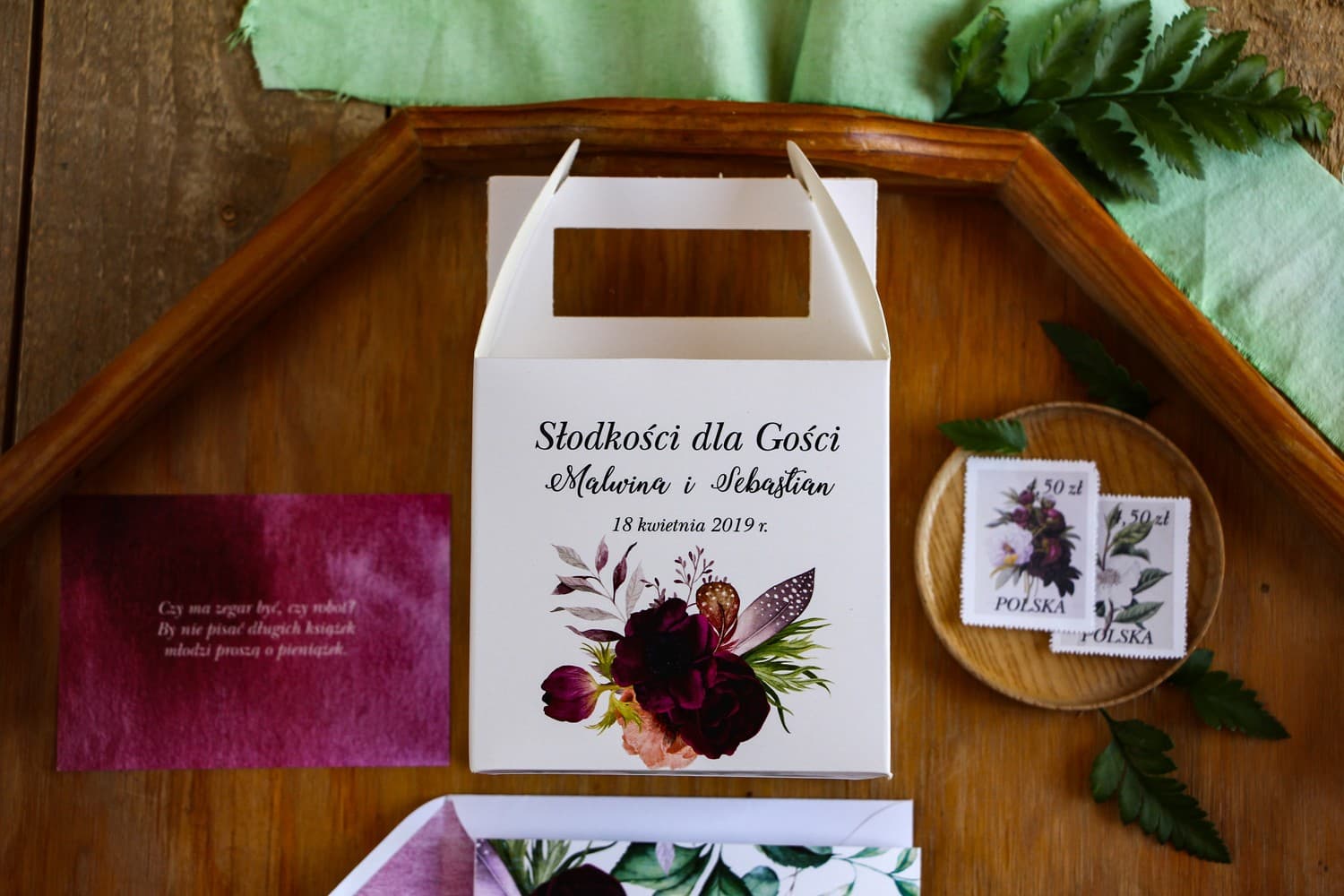 Burgundy Peony Wedding Cake Boxes | Personalized Guest Packaging | Rozalia No. 2