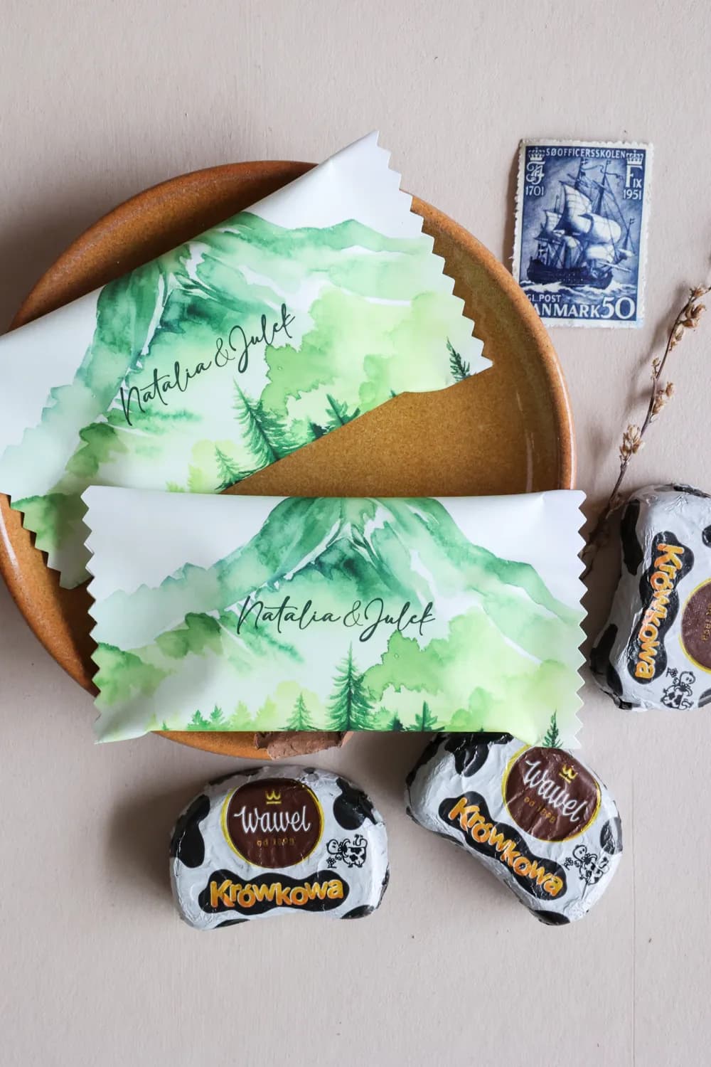 Korani No. 20 Wedding Favour Chocolates with Mountain Motif and Watercolour Forest