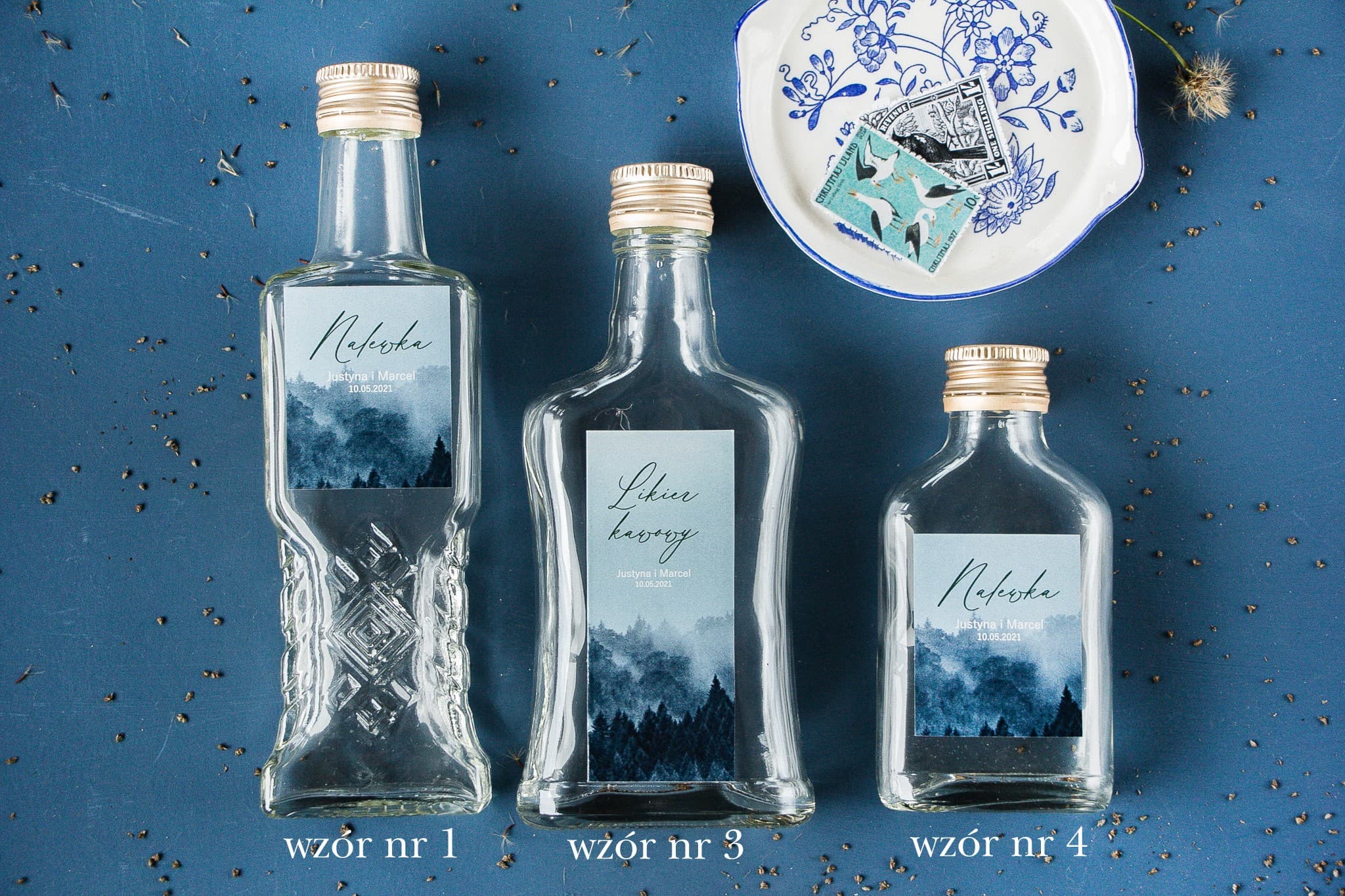 Soft No. 3 Forest Design Wedding Favour Liqueur Bottles with Greenery