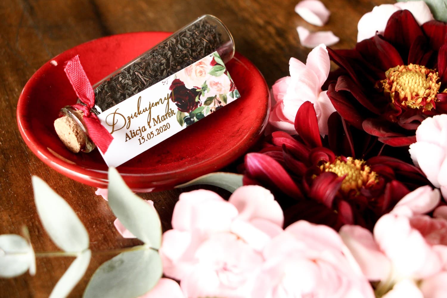 Tea in a Vial Wedding Favour | Gilded Tag, Peonies & Dahlias | Soreli No. 2