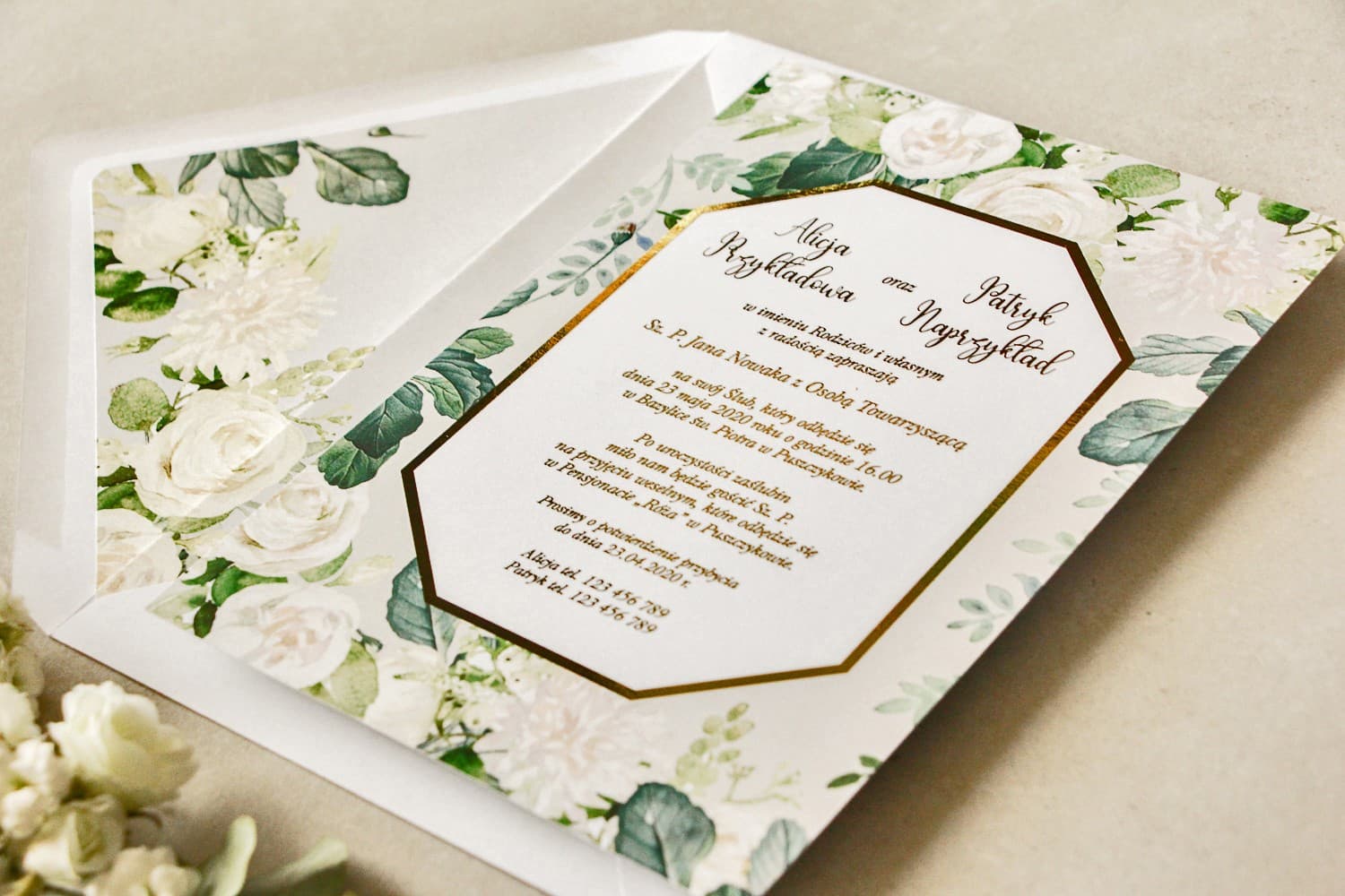 Gold Foiled White Flowers Wedding Invitation Sample | Geometric Wedding Samples | Lotus No. 4
