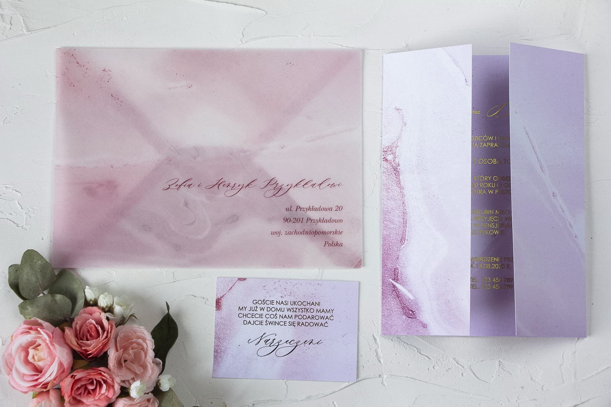 Wedding Invitation Sample with Pink Marble Motif and Vellum Envelope - Marble No. 2