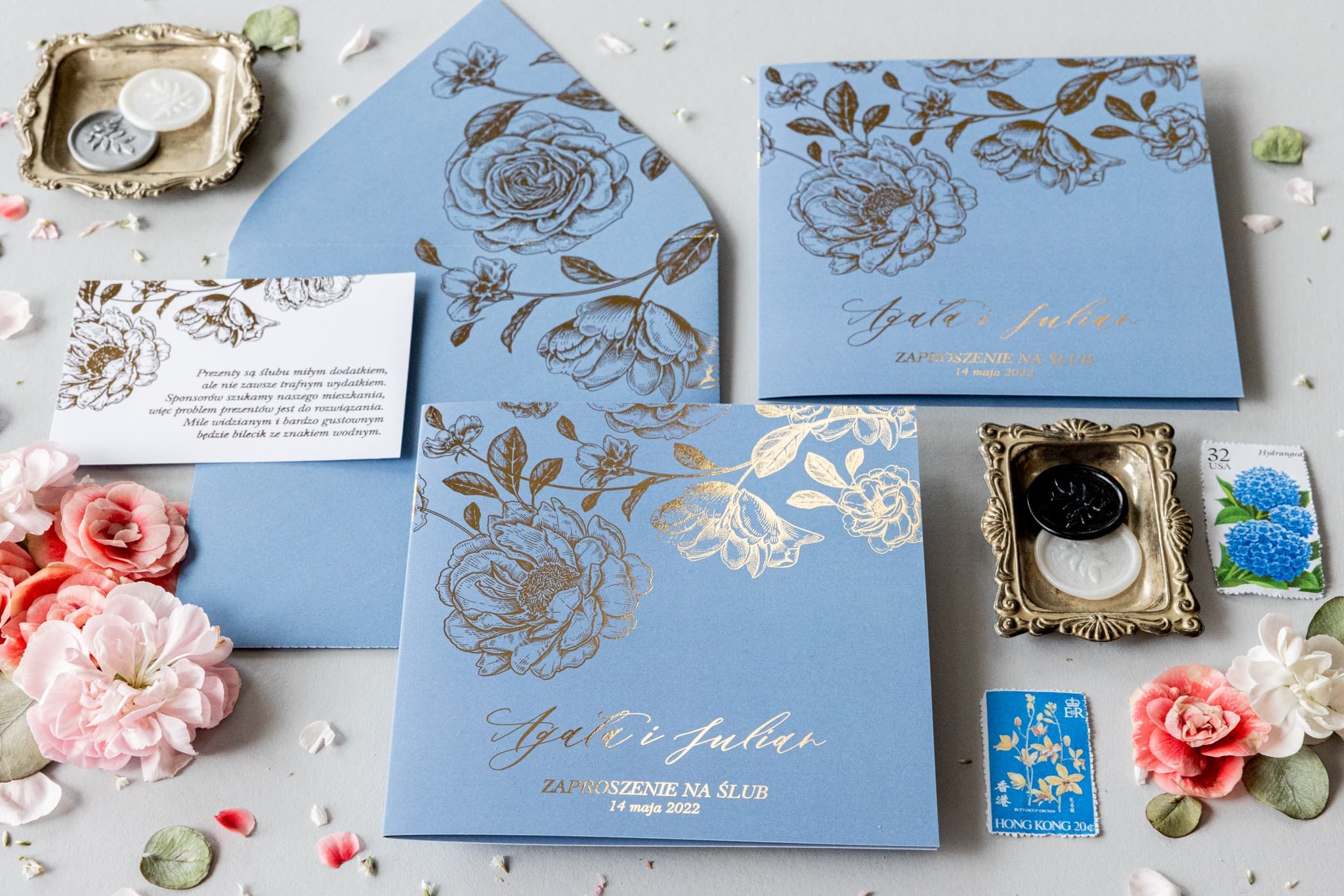 Dusty Blue Wedding Invitation Sample with Gold Foiled Flowers | Onyks Design 2