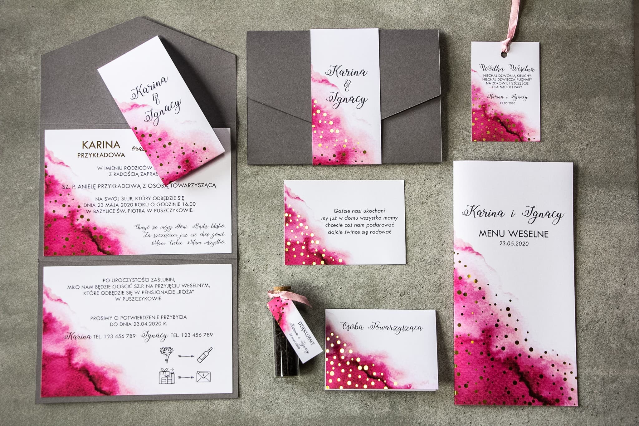 Wedding Invitation Sample Pack in Grey and Pink with Gold Dots - Bakarto No. 3