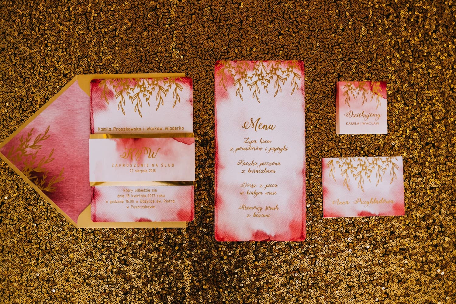 Gold and Burgundy Wedding Invitation Samples | Glamour Stationery Sample Pack | Kamira No. 1