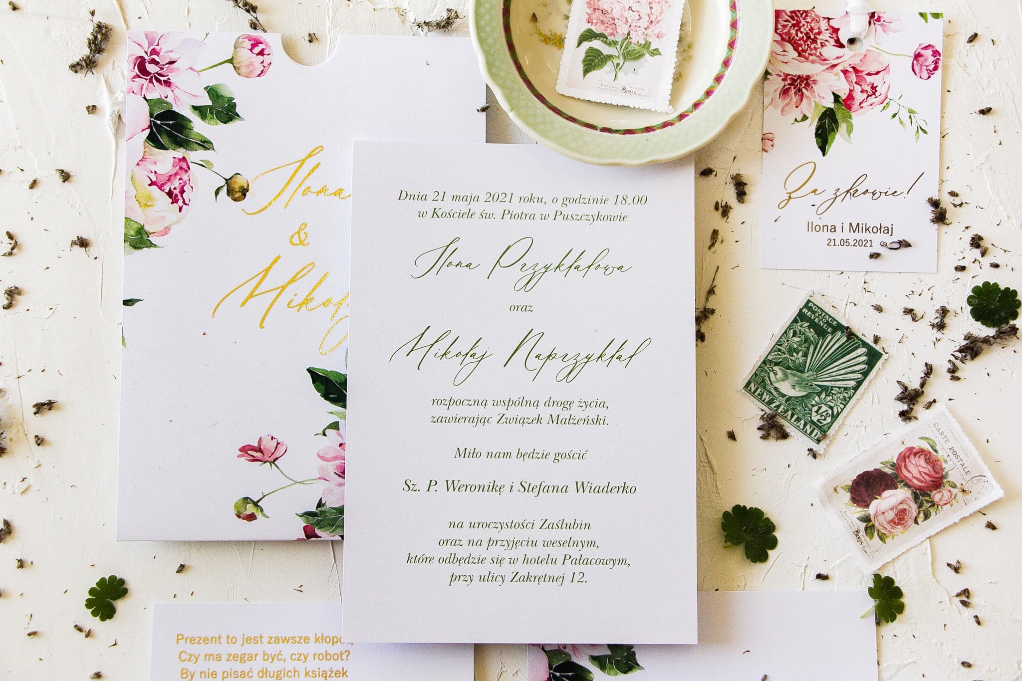 Pink Peonies Wedding Invitation Sample in Gilded Pocket Serenity No. 3