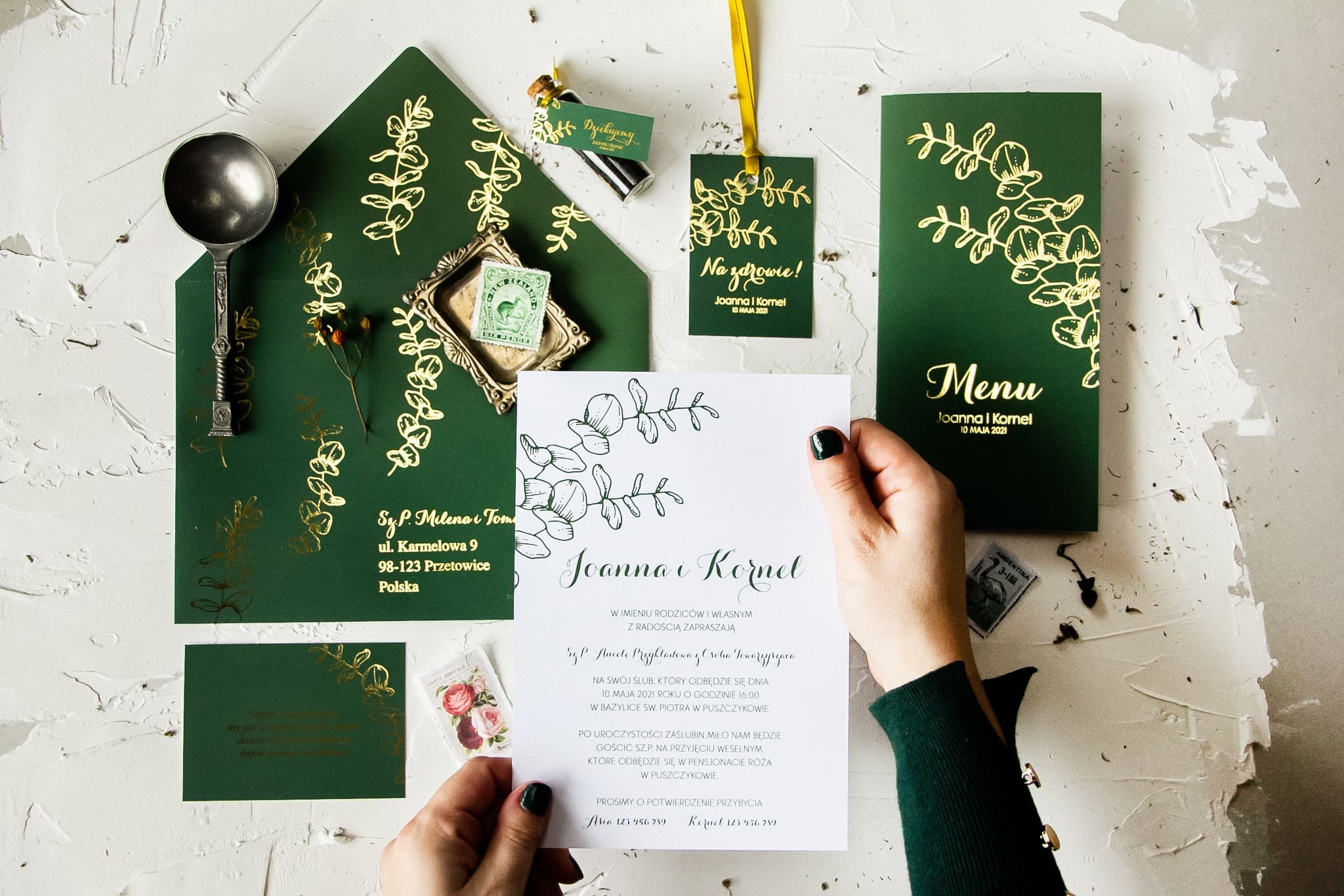 Bottle Green Eucalyptus Wedding Invitation Samples | Stationery Sample Pack | Pattern Design 2