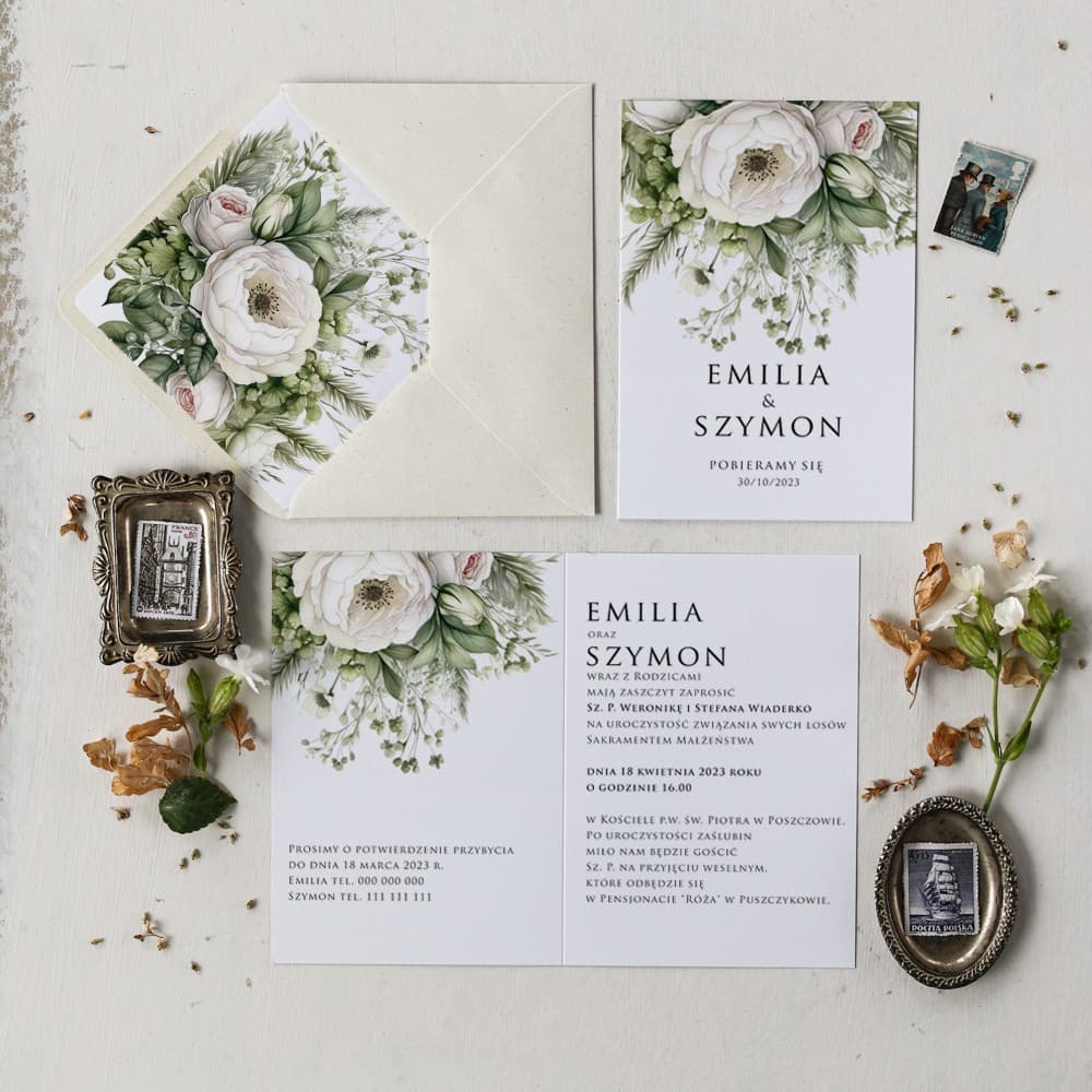 Impresja No. 3 Wedding Invitation – Botanical White Roses