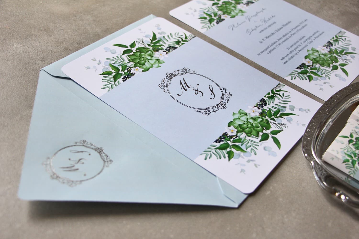 Blue Wedding Invitations with Eucalyptus and Delicate Silver Foiling – Sorento No. 17