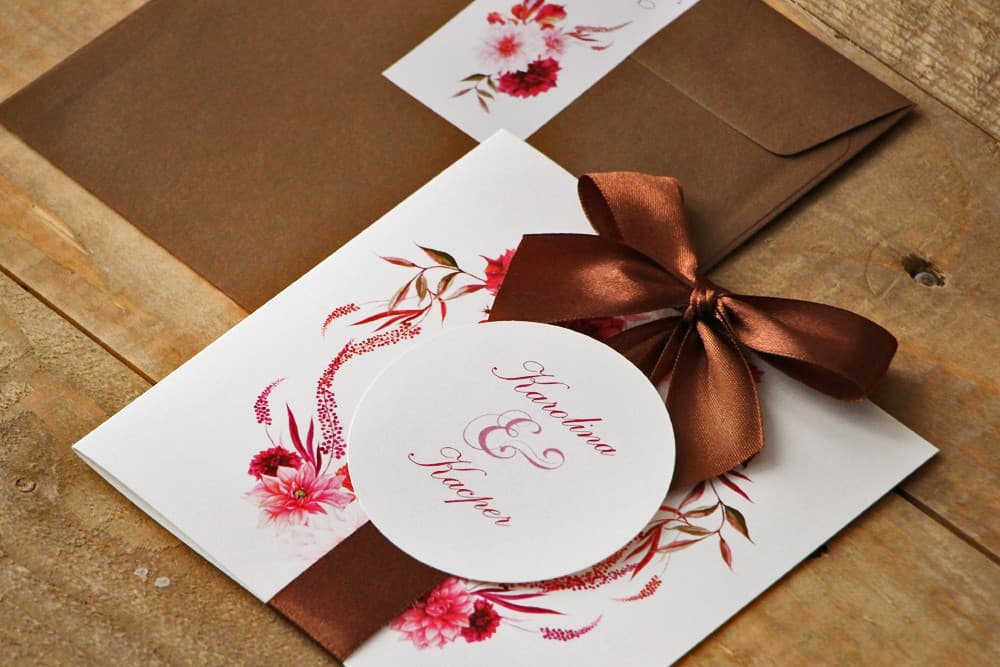 Wedding Invitations with Ribbon on Linen Paper in Autumn Burgundy Dahlias – Watercolors No. 2