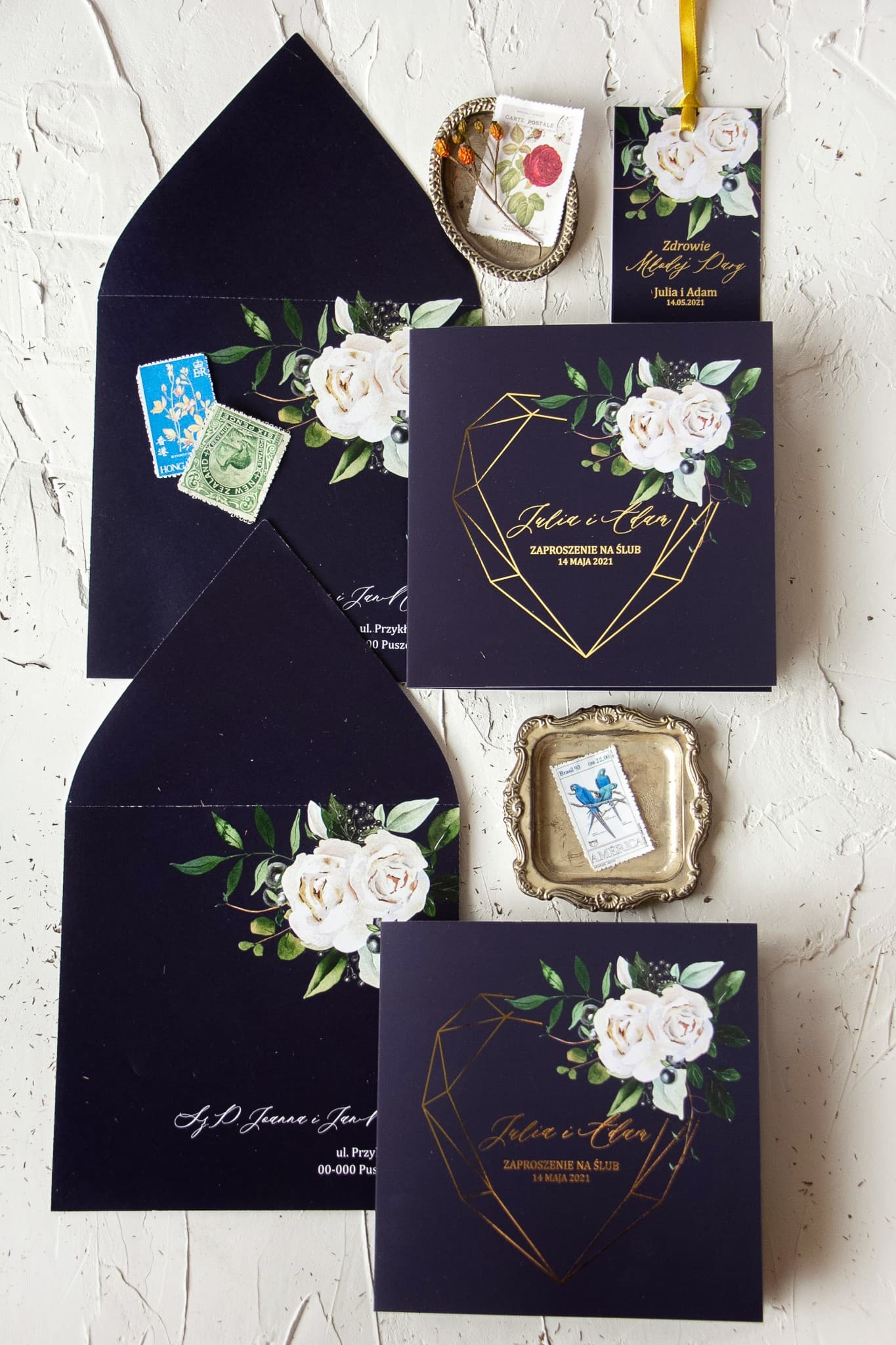 Szafirowe No. 7 Wedding Invitation – Navy, Gold and White Flowers