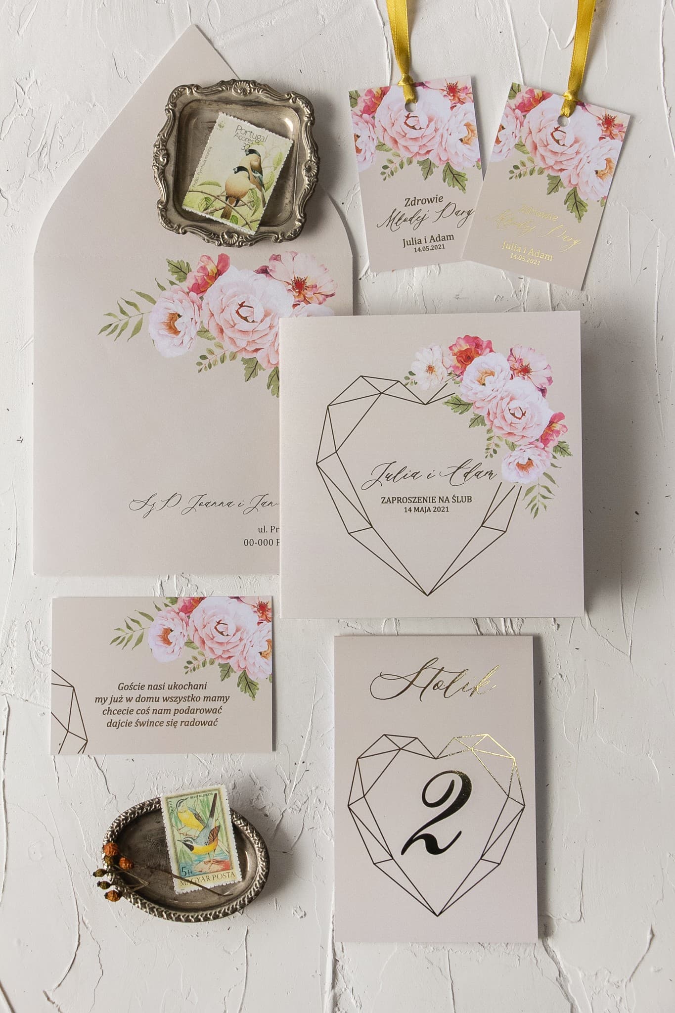 Szafirowe No. 8 Wedding Invitations – Gold Heart and Pastels