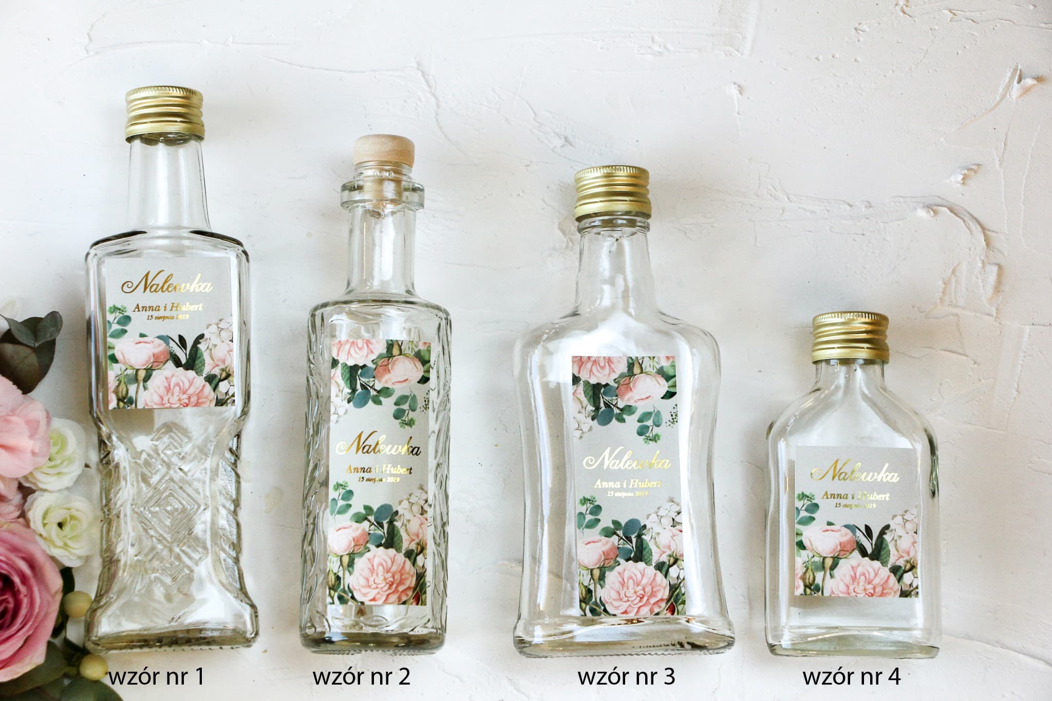 Elegant Wedding Liqueur Bottles with Gold-Foiled Labels | Wedding Favours | Szafirowe No. 2