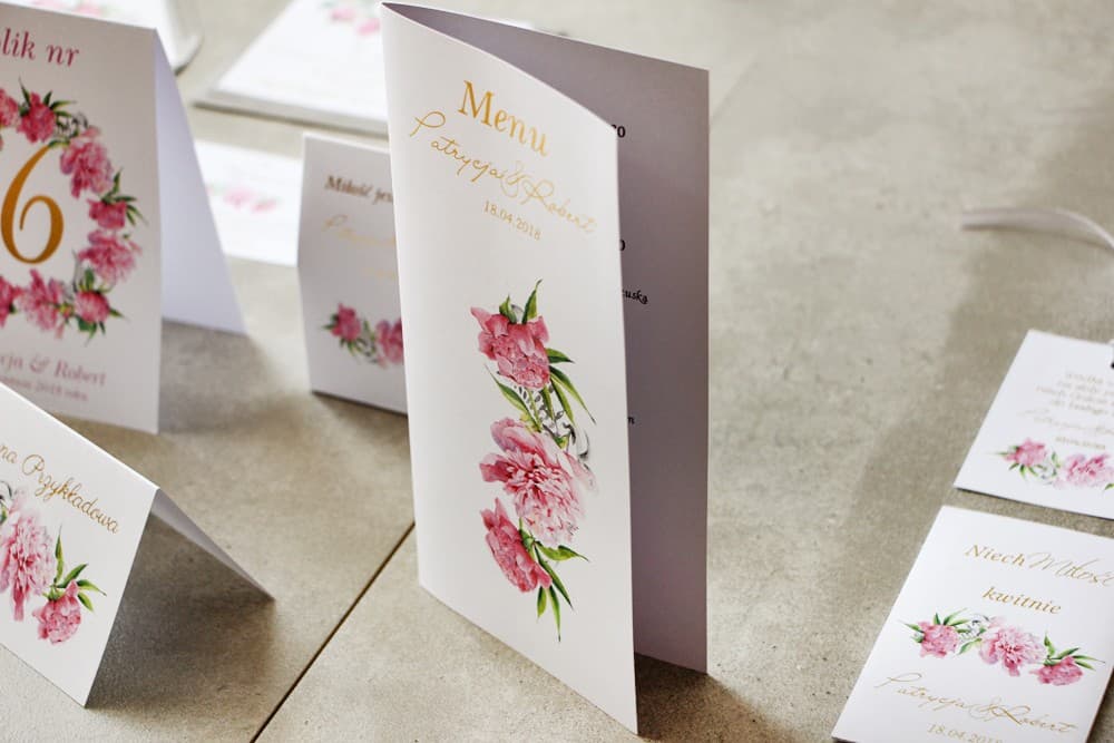 Elegant Wedding Menu with Peonies and Gold, Botanical Menu Card | Gold Foiled Wedding Menu | Cykade No. 10
