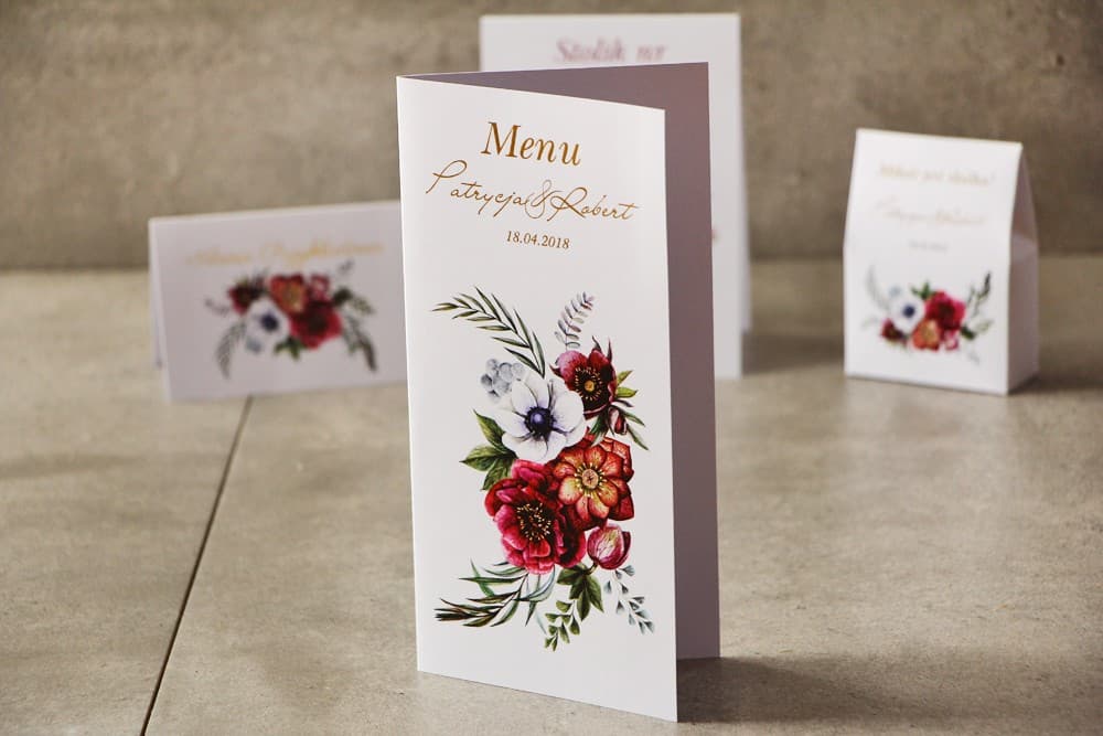 Elegant Gold-Foiled Wedding Menu with Burgundy Anemone Flowers | Personalized Table Menu Cards | Cykade No. 7
