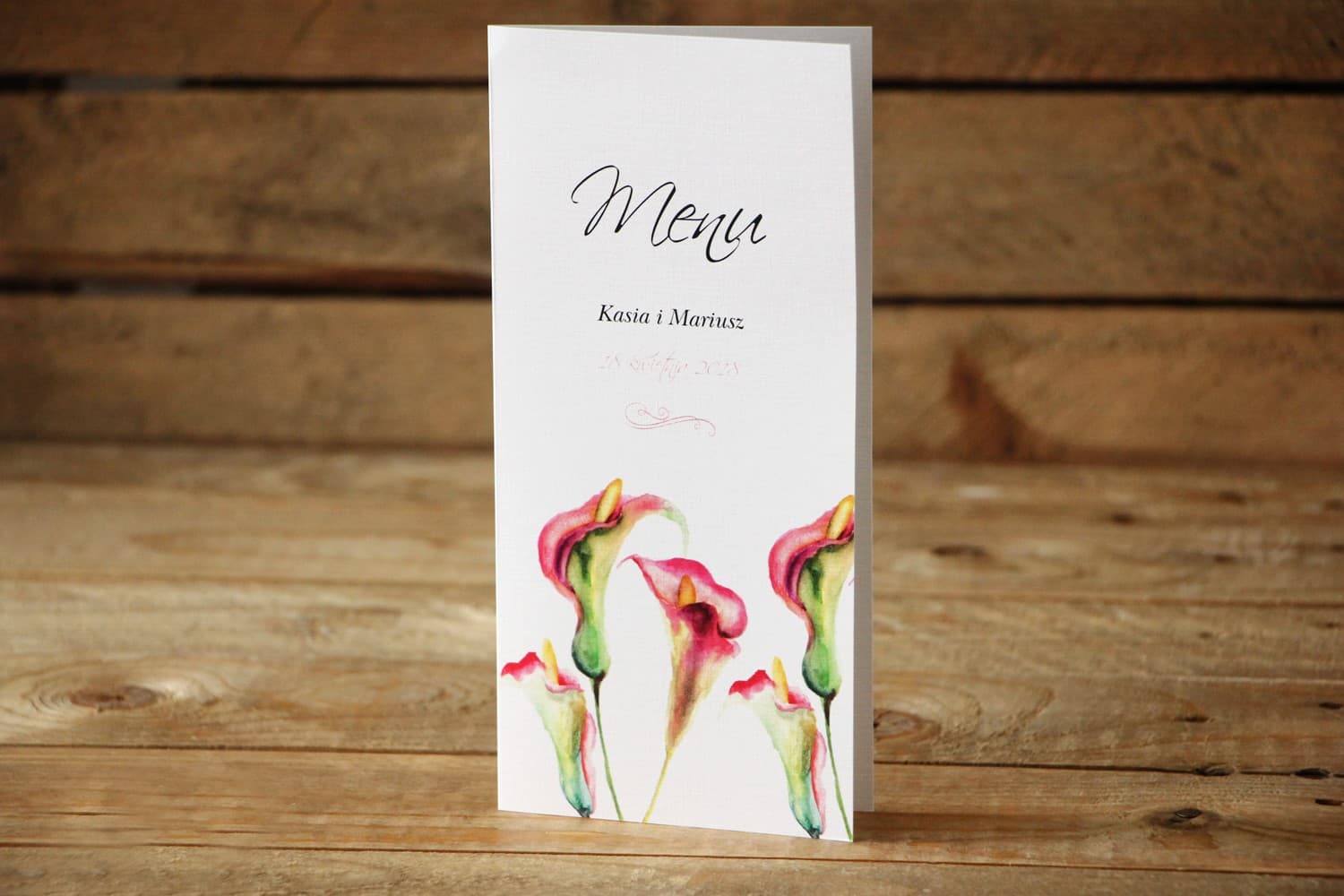 Folded Wedding Menu with Pink Calla Lilies, Table Menu Card | Wedding Stationery | Painted Flowers No. 25