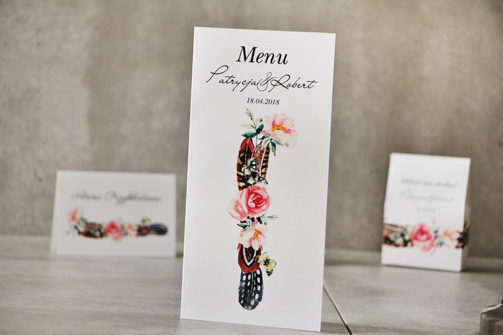 Folded Wedding Menu with Boho Wreath, Feathers and Butterflies | Elegant Wedding Table Menu Card | Pistachio No. 16