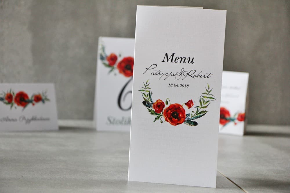Red Poppy Wedding Menu on Linen Paper | Elegant Wedding Table Menu Card | Pistachio No. 19