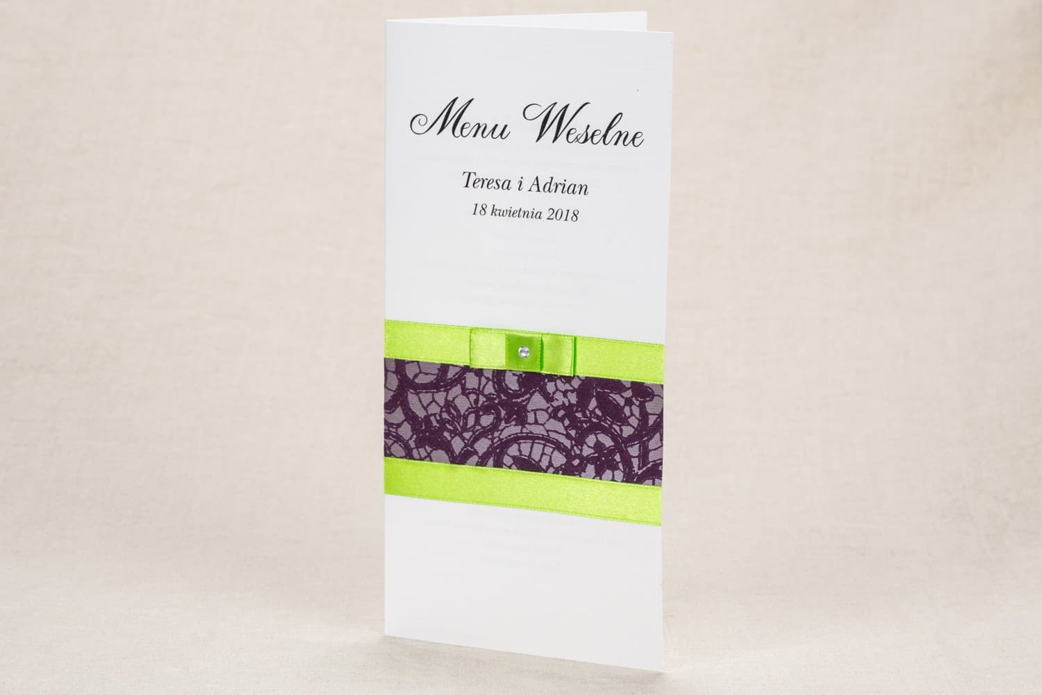 Folded Wedding Table Menu with Purple Lace & Green Bow | Elegant Menu Card | Klaris No. 1