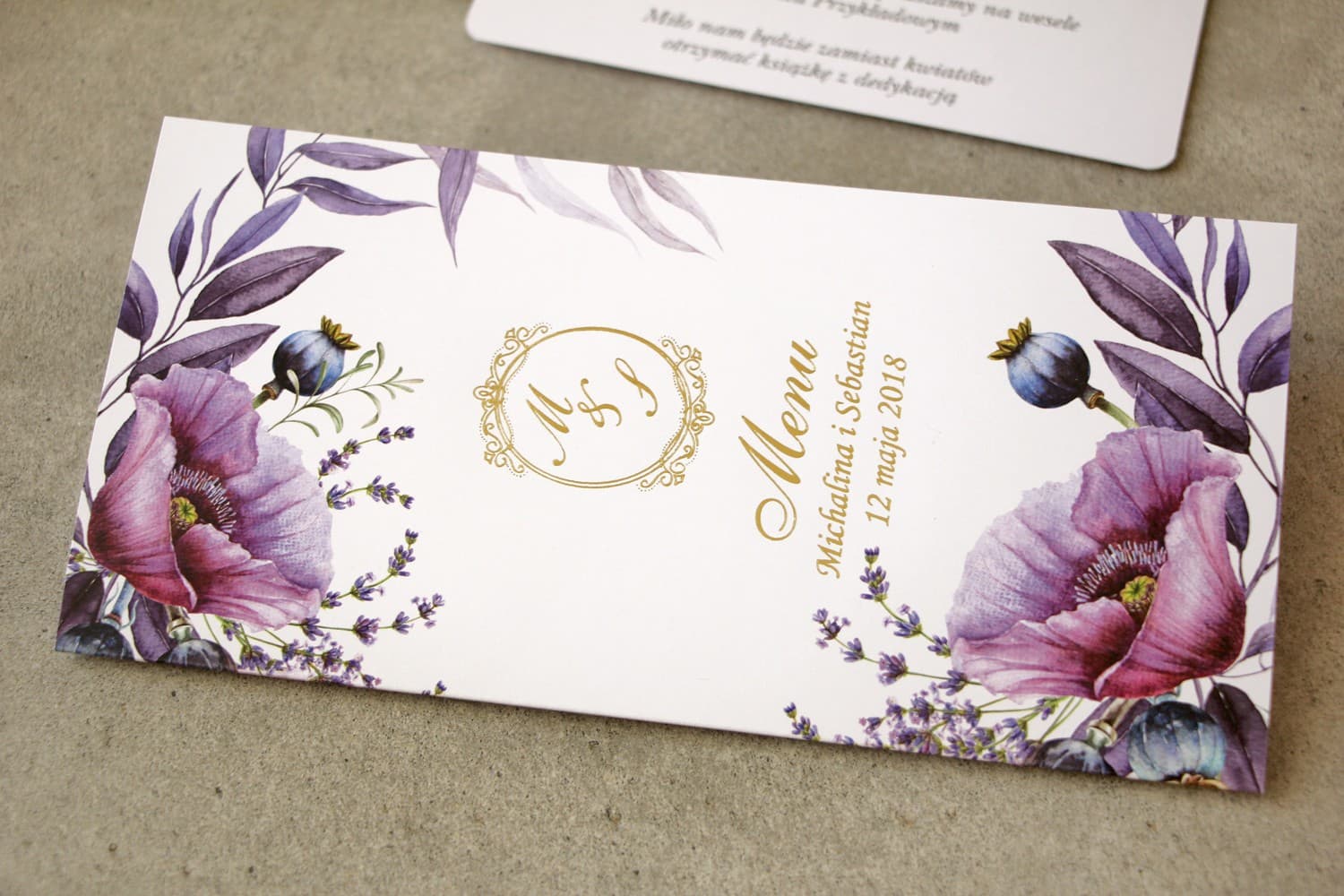 Gold Foiled Wedding Menu Purple Poppies & Lavender | Elegant Wedding Breakfast Menu | Sorento No. 15