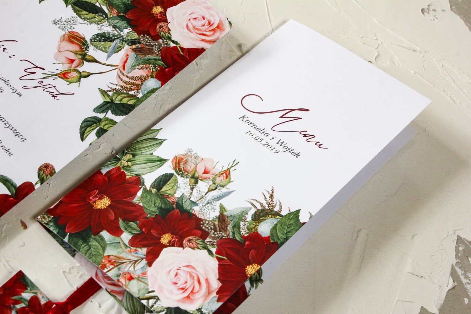 Elegant Wedding Menu with Burgundy Dahlias | Table Menu Card | Wenis No. 3