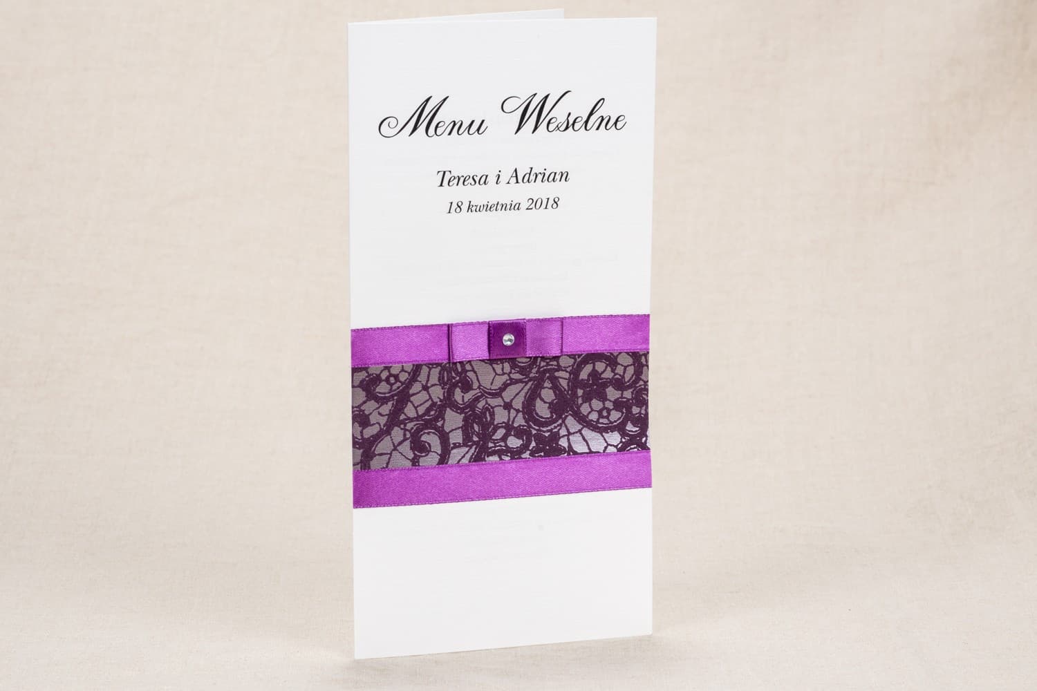 Elegant Wedding Menu with Purple Lace and Bow | Personalized Table Menu Cards | Klaris No. 3