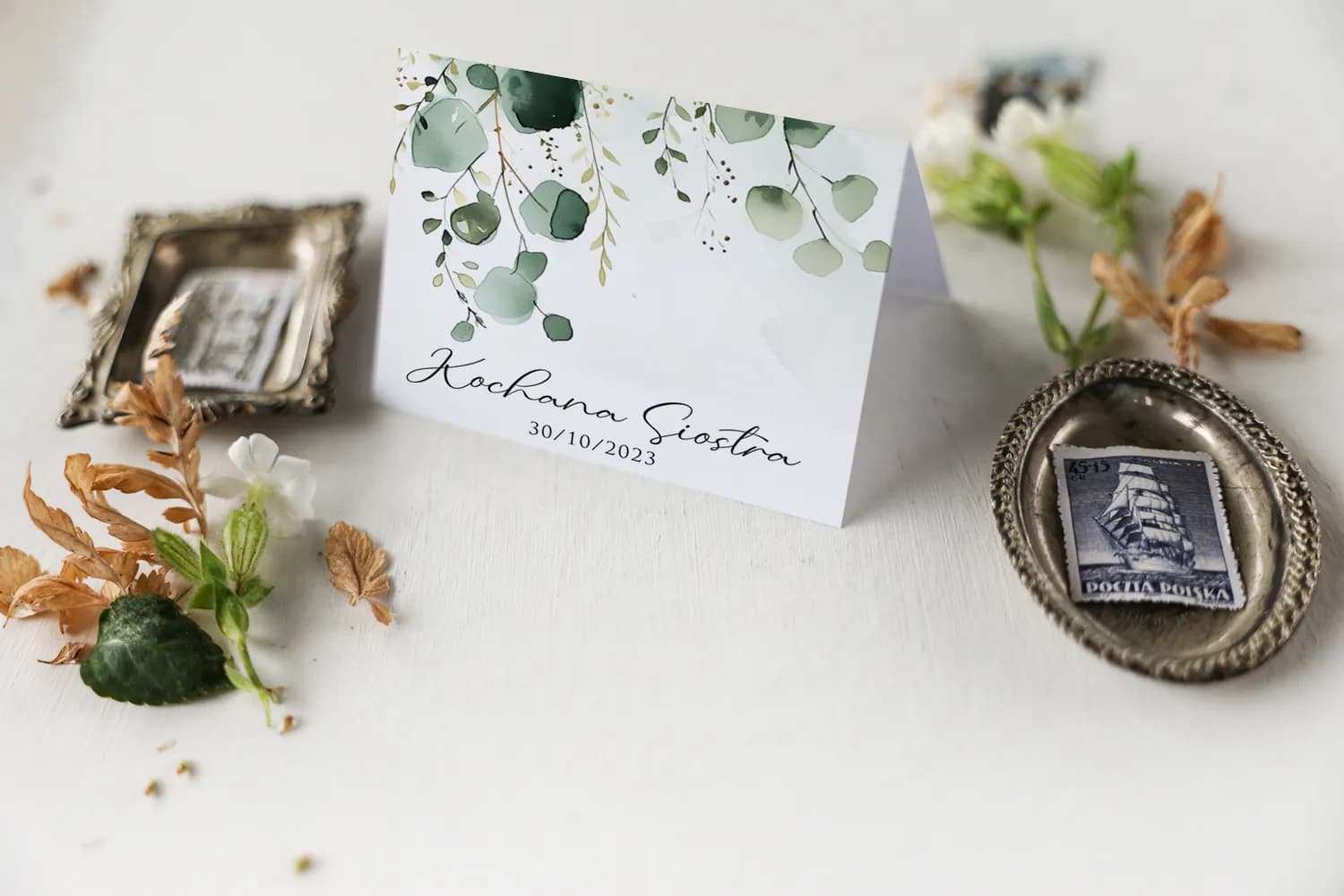 Impresja No. 7 Wedding Place Cards – Eucalyptus Motif Table Name Cards