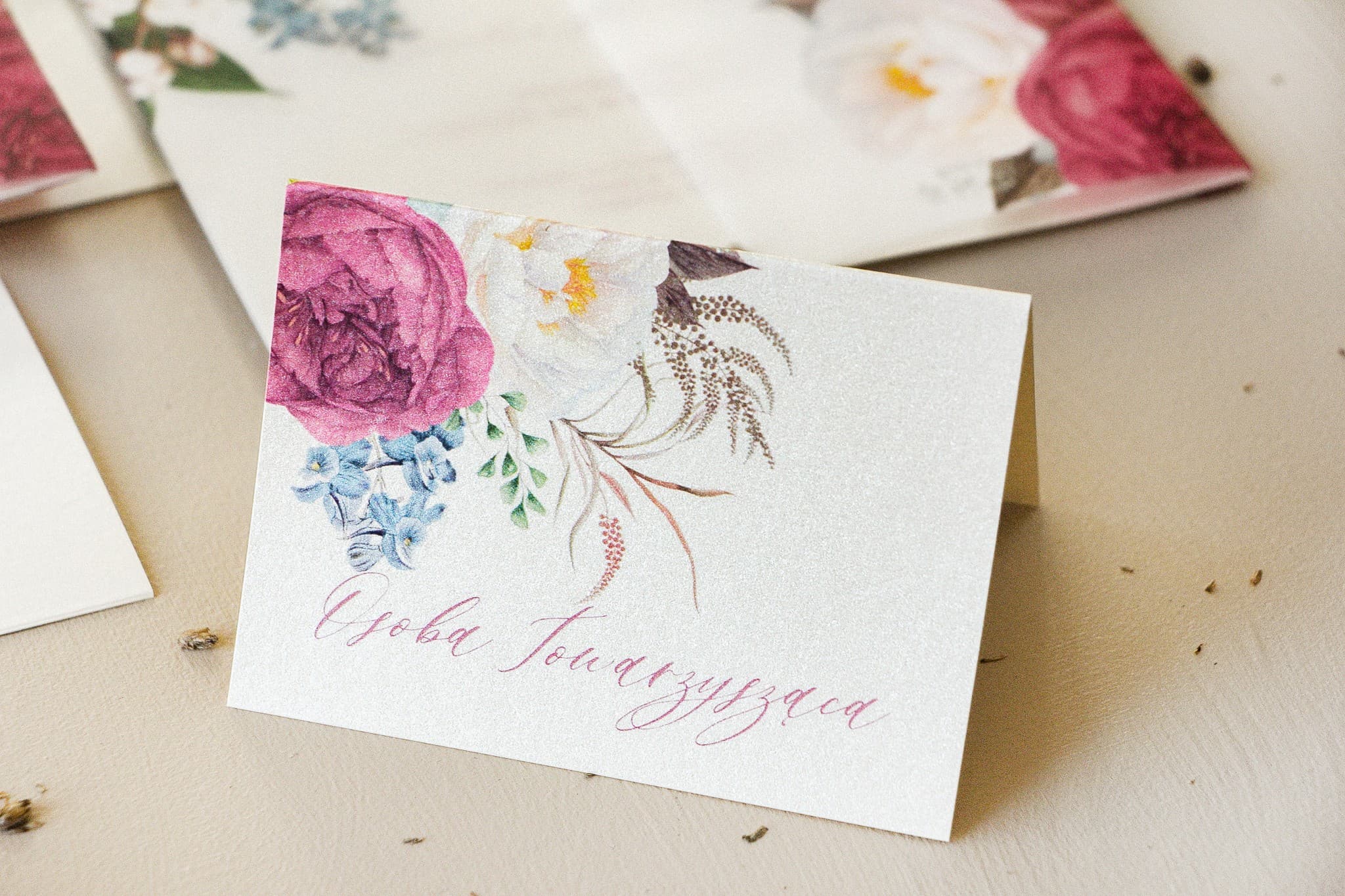 Opal No. 10 Wedding Place Cards – Pearl Table Name Cards with Peonies and Delphinium