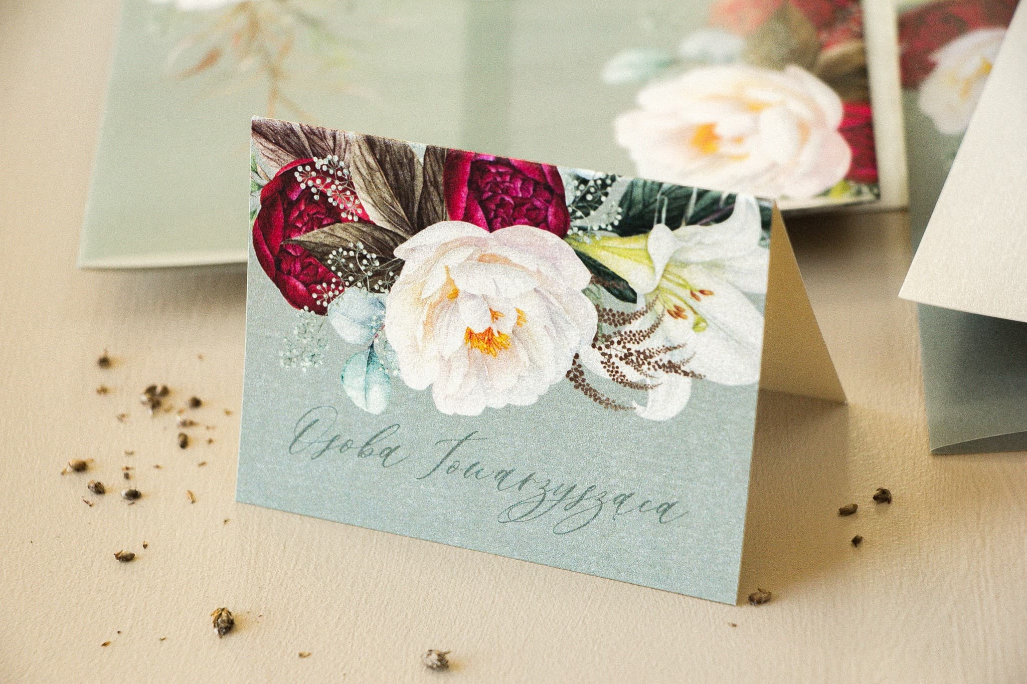 Opal No. 9 Wedding Place Cards – Boho Style Table Name Cards with Burgundy Peonies
